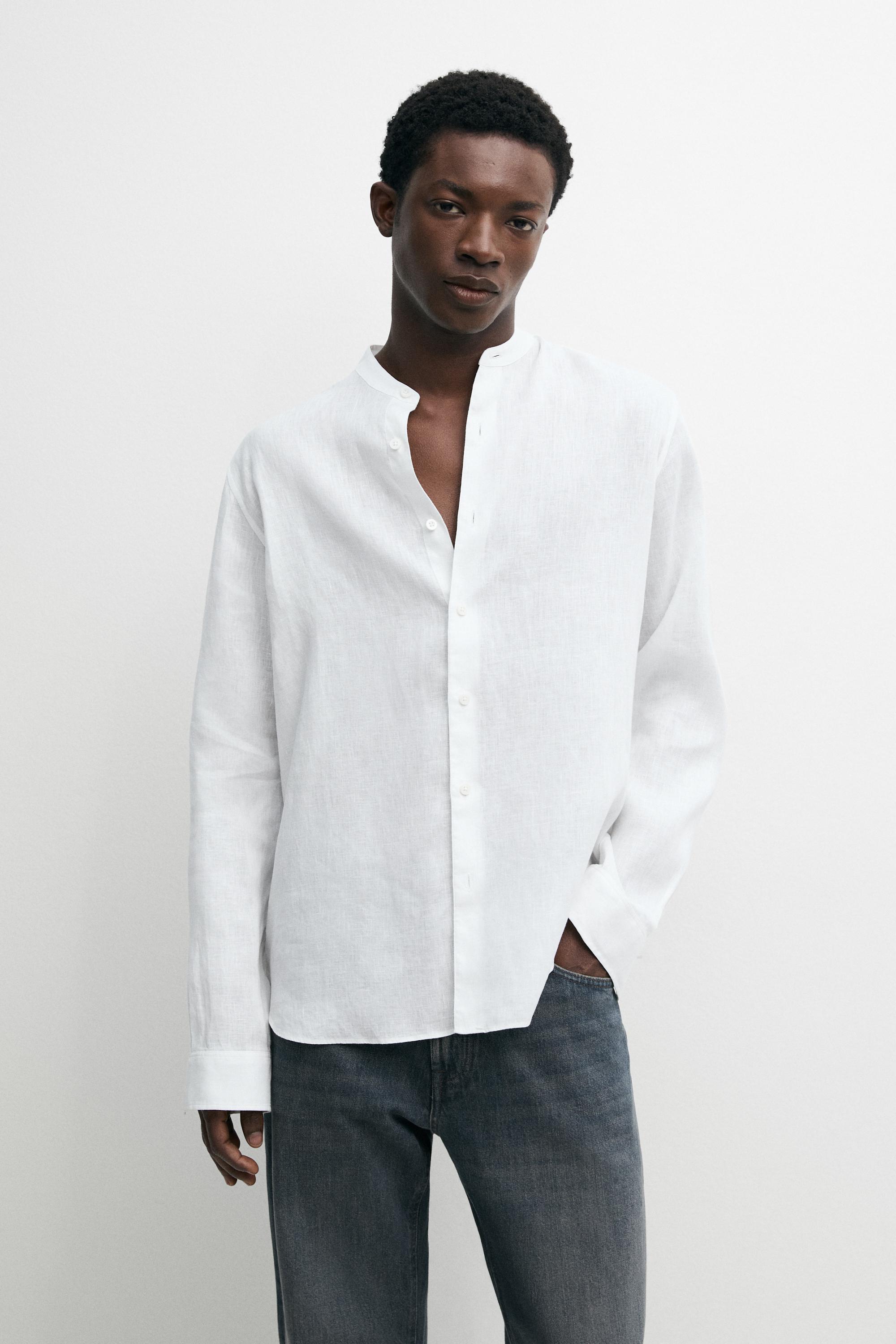 100% linen regular fit stand collar shirt — WHITE