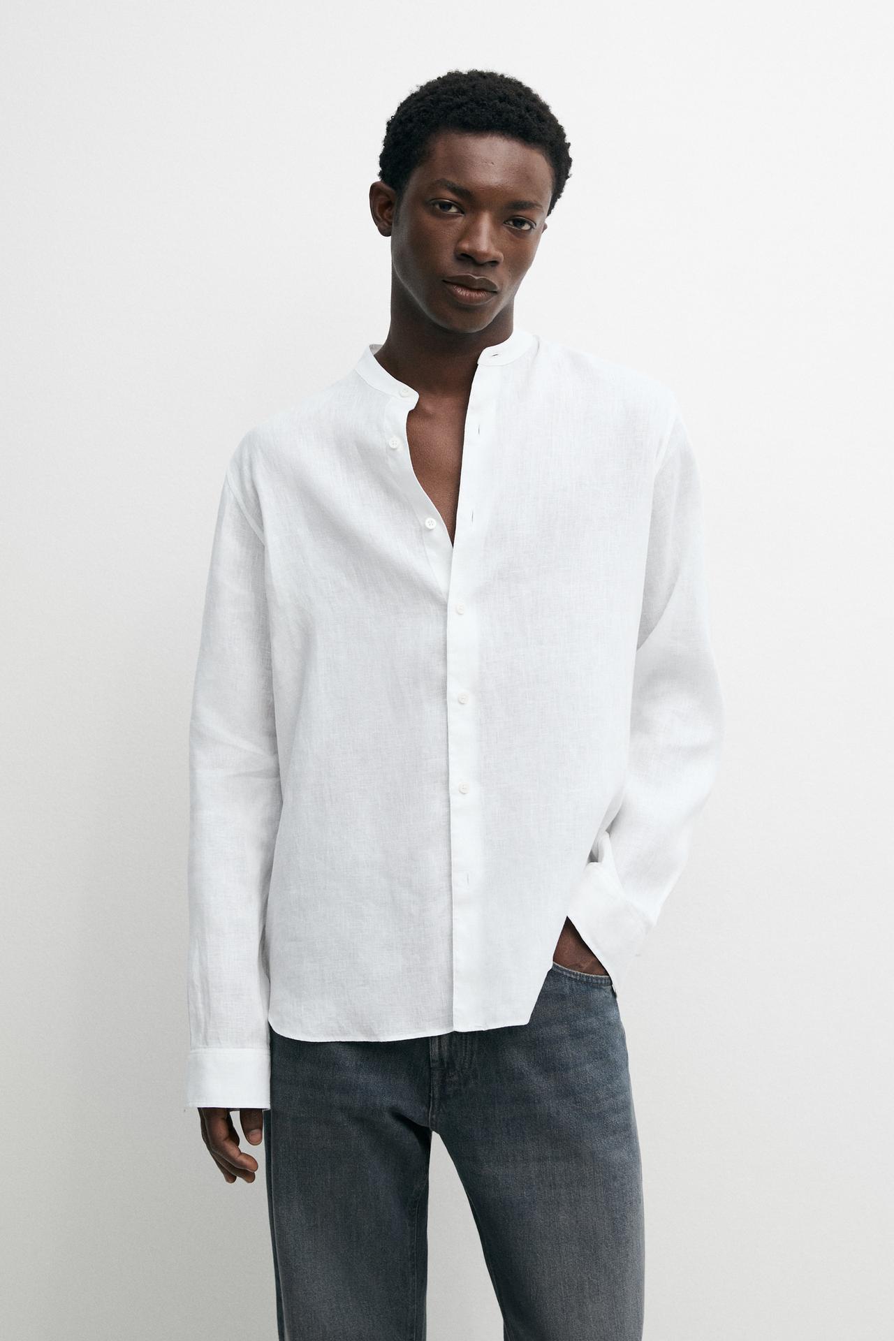 100% linen regular fit stand collar shirt — WHITE