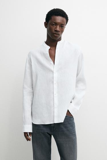 100% linen regular fit stand collar shirt — WHITE 3