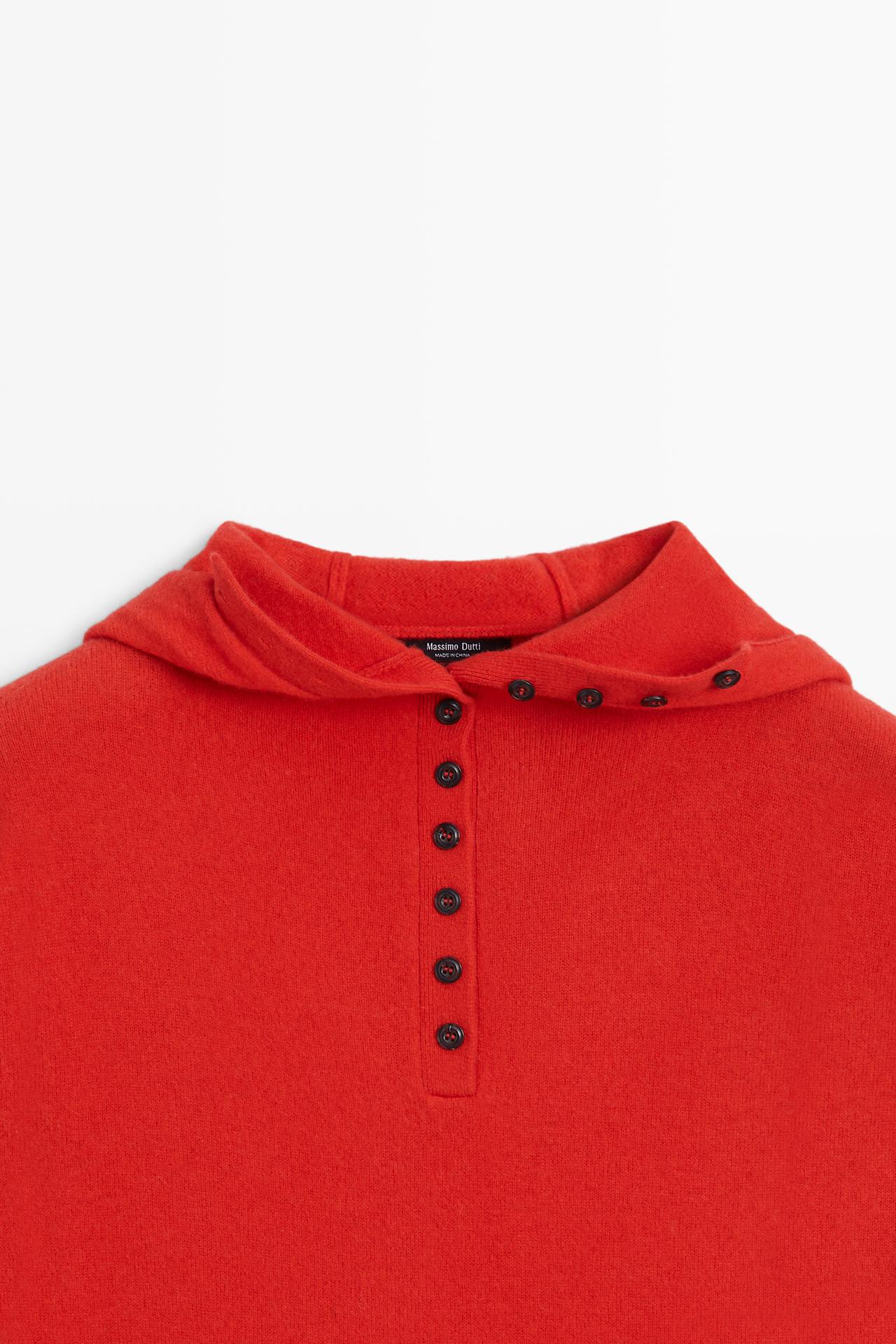Hooded knit sweater with button detail — RED