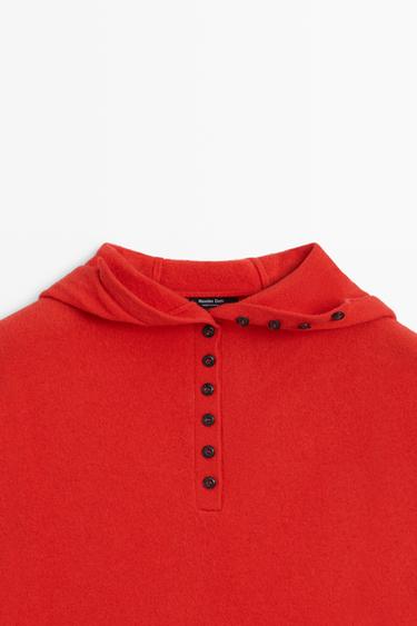 Hooded knit sweater with button detail — RED 9