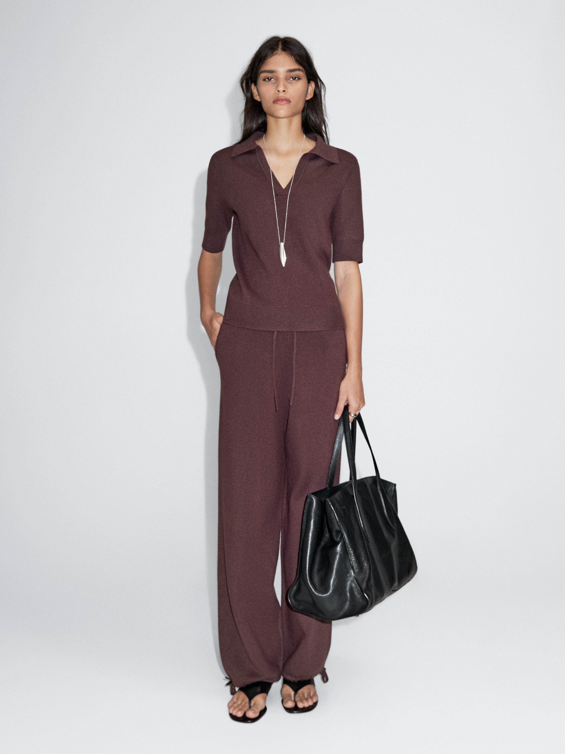 بنطلون محبوك بساق عريضة وتفصيل برباط