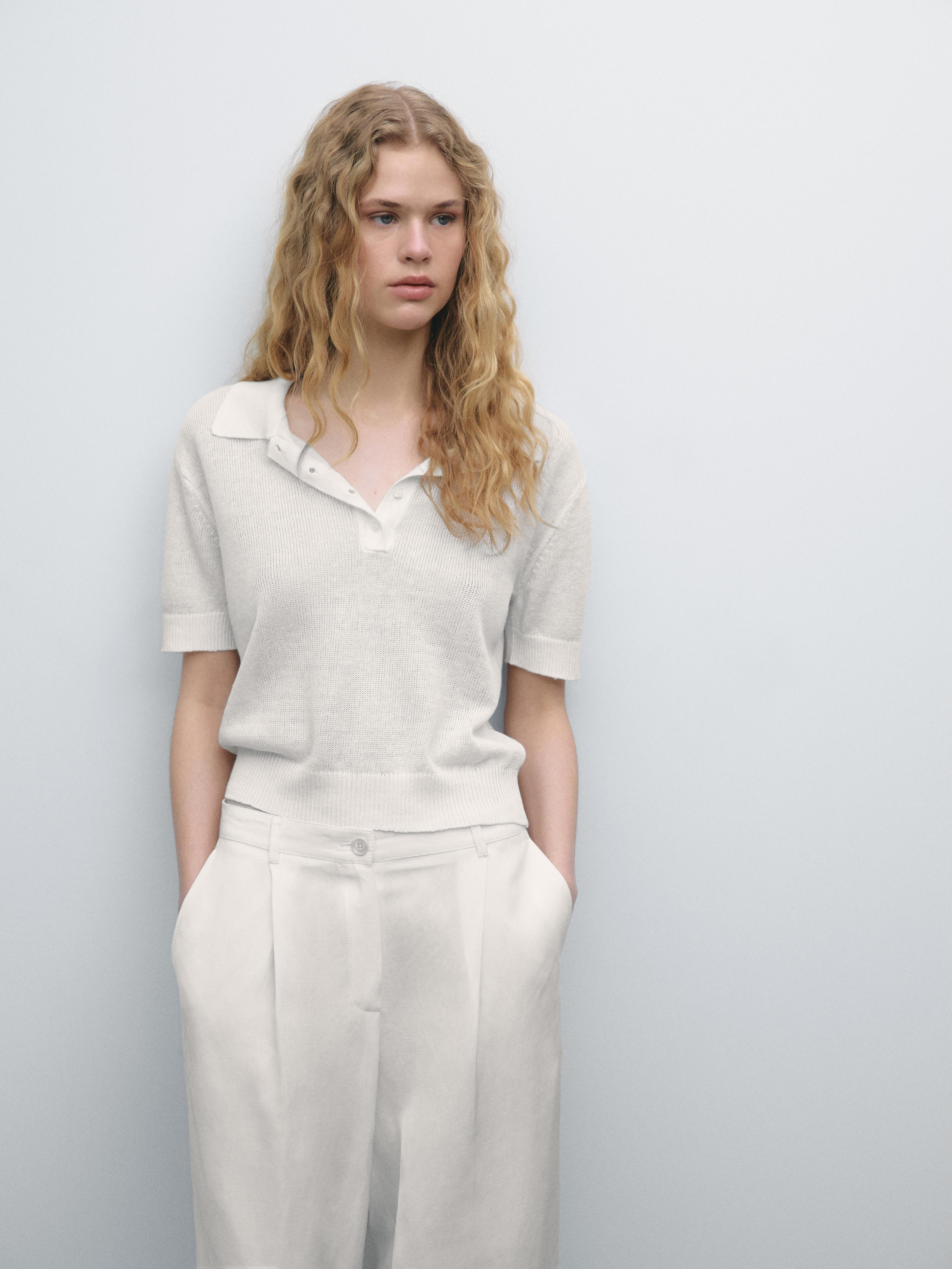 Linen blend cutwork polo sweater