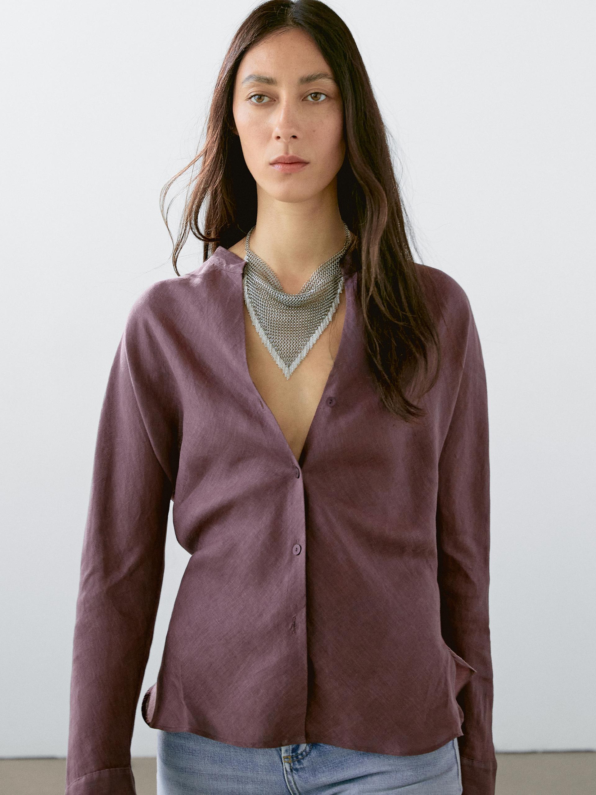 Camicia Morbida Con Collo Alla Coreana In Lino - Viola - Xs - Massimo Dutti - Femminile
