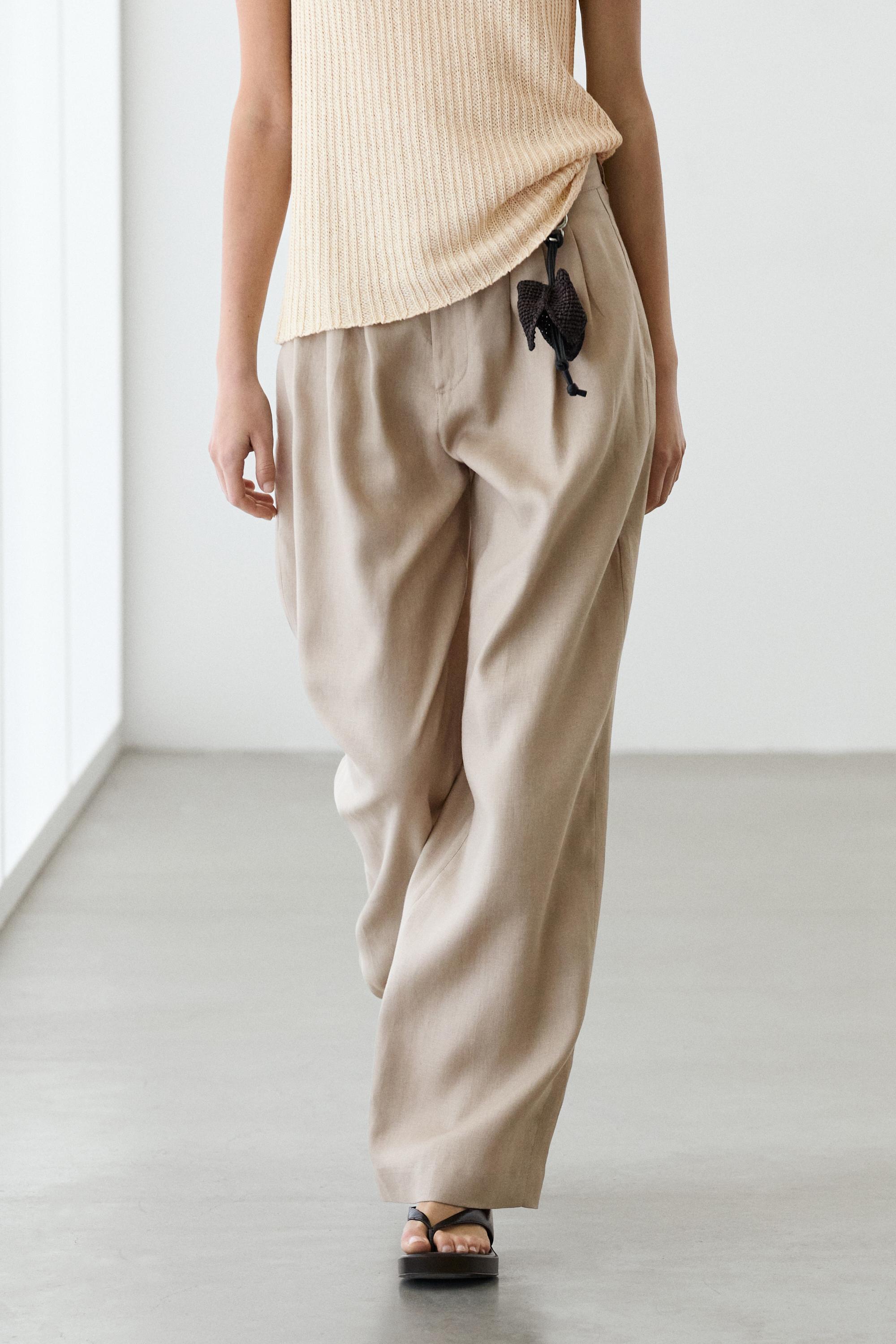 Wide-leg pleated linen trousers — STONE