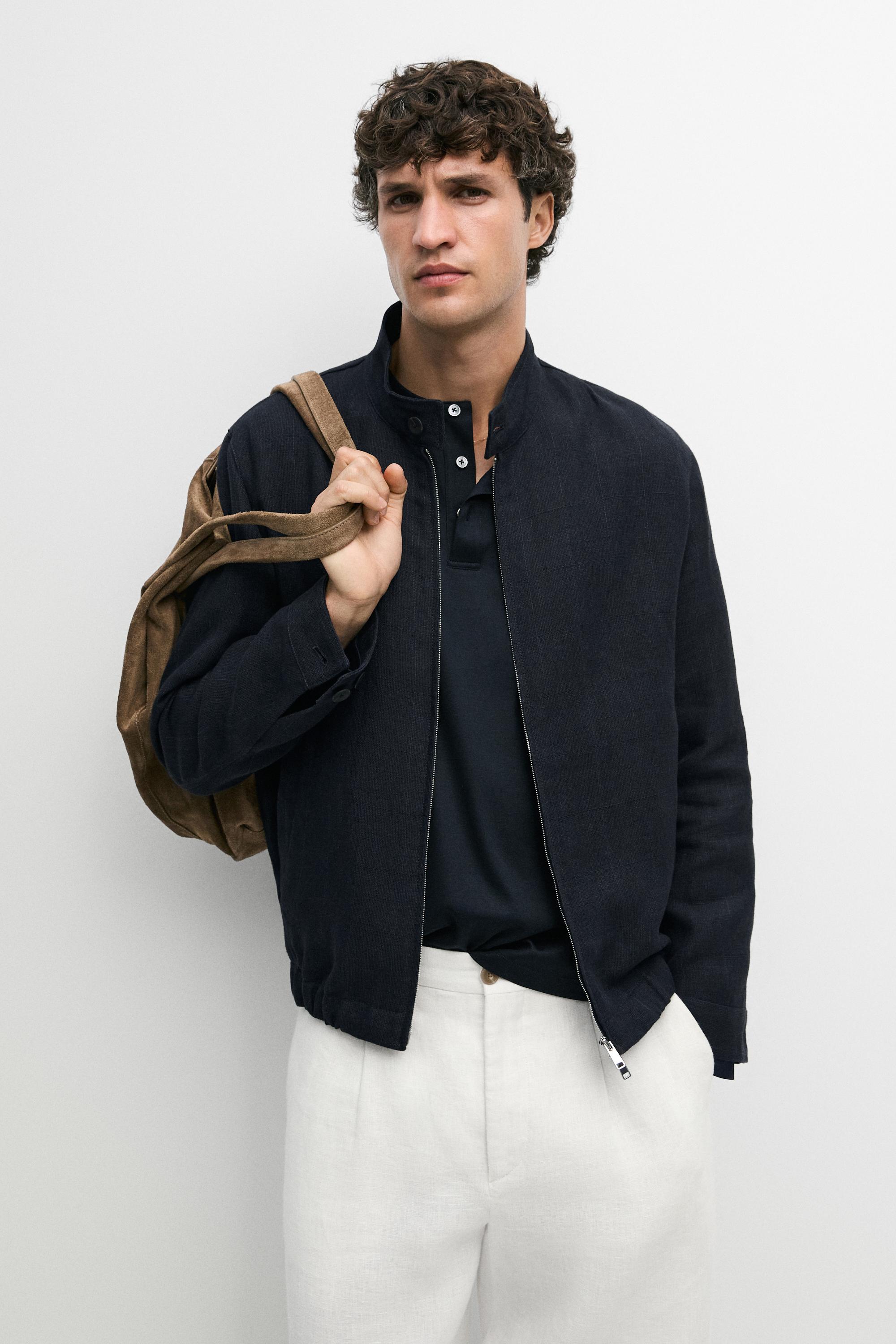 100% linen banded collar jacket — NAVY BLUE