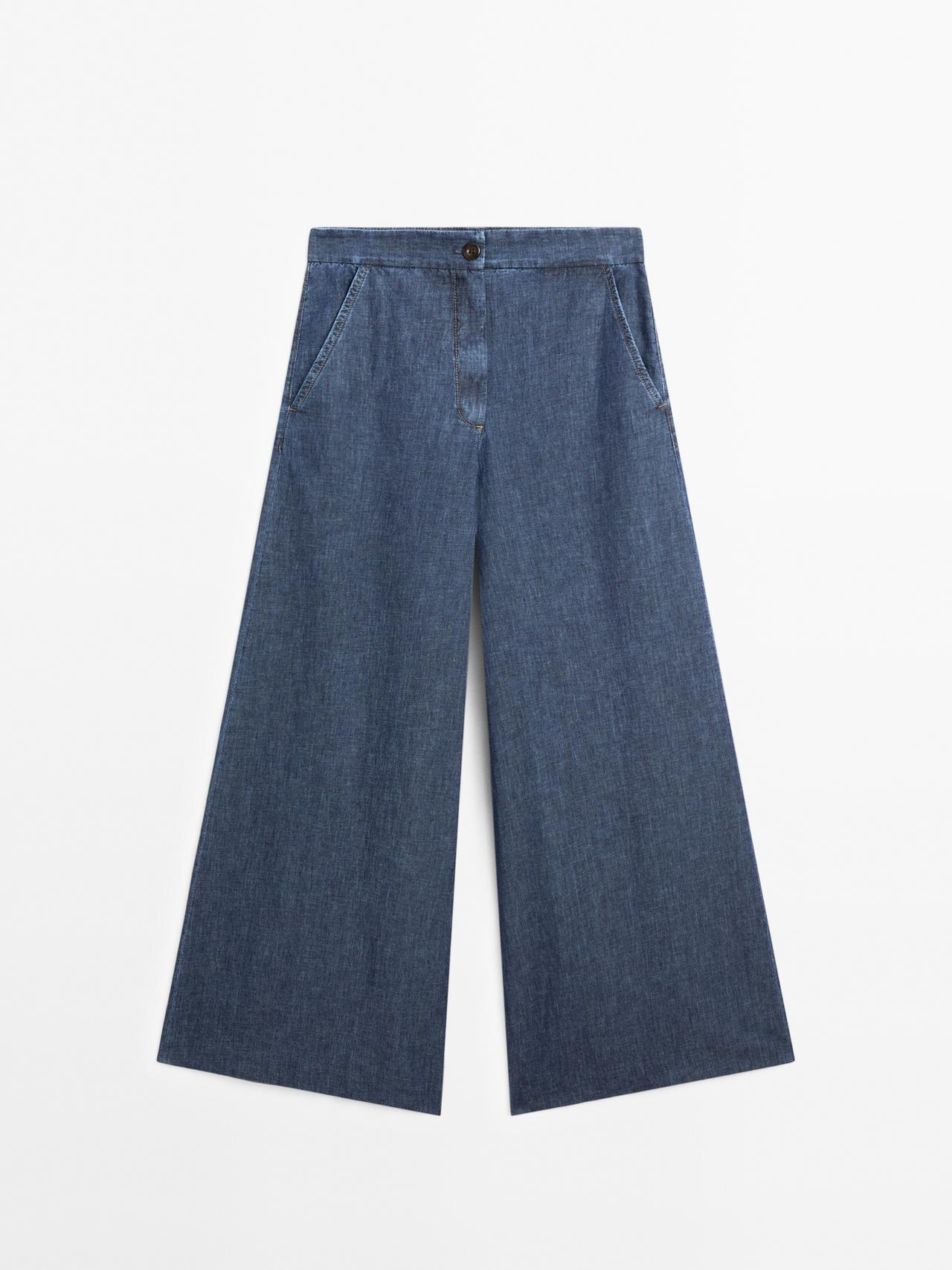 Massimo Dutti - Dame - Højtaljede Jeans Med Super Brede Ben - Blå - 40