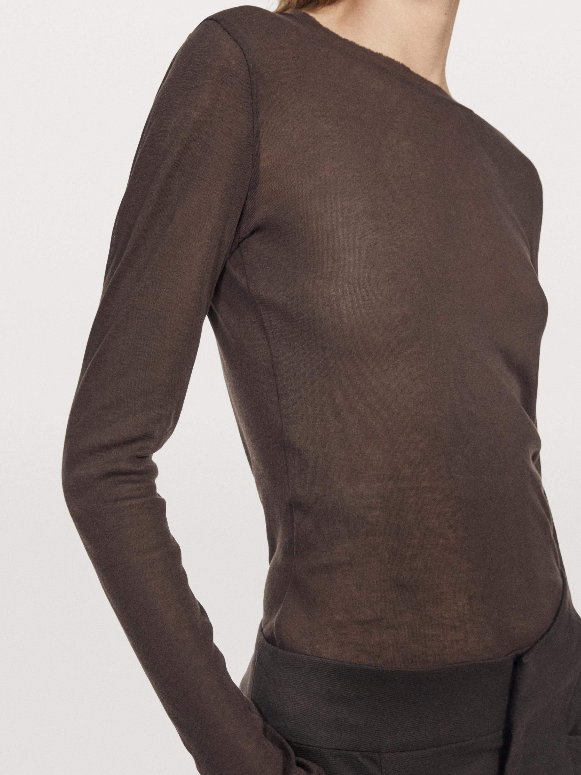 100% cotton semi-sheer T-shirt with collar detail — BROWN