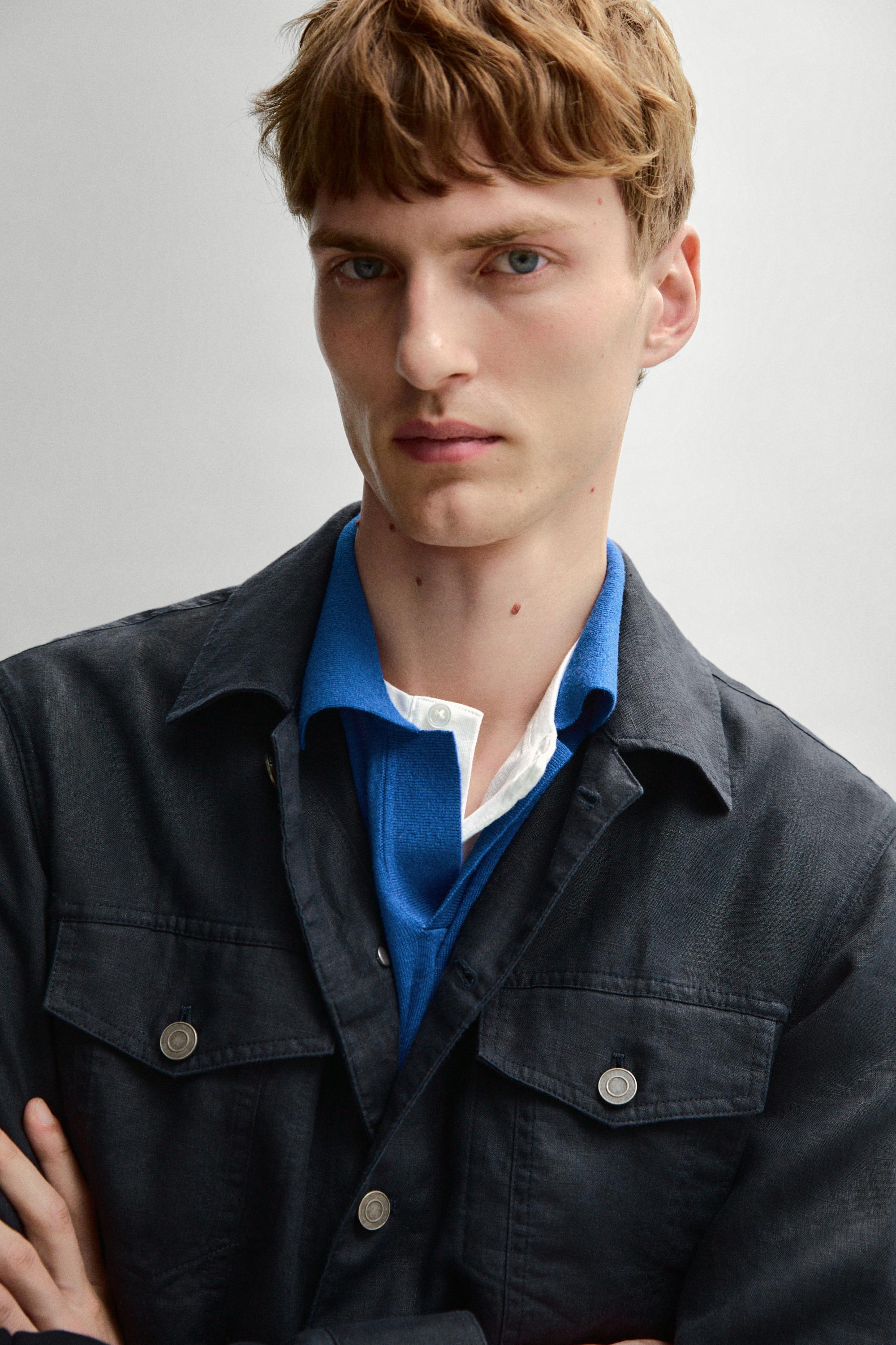 Cotton and linen knit polo sweater — Blue