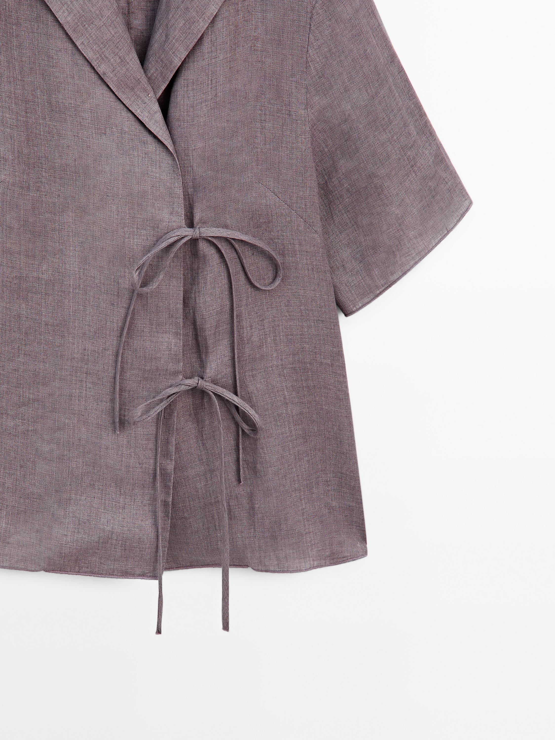 Short sleeve linen shirt with tie detail
