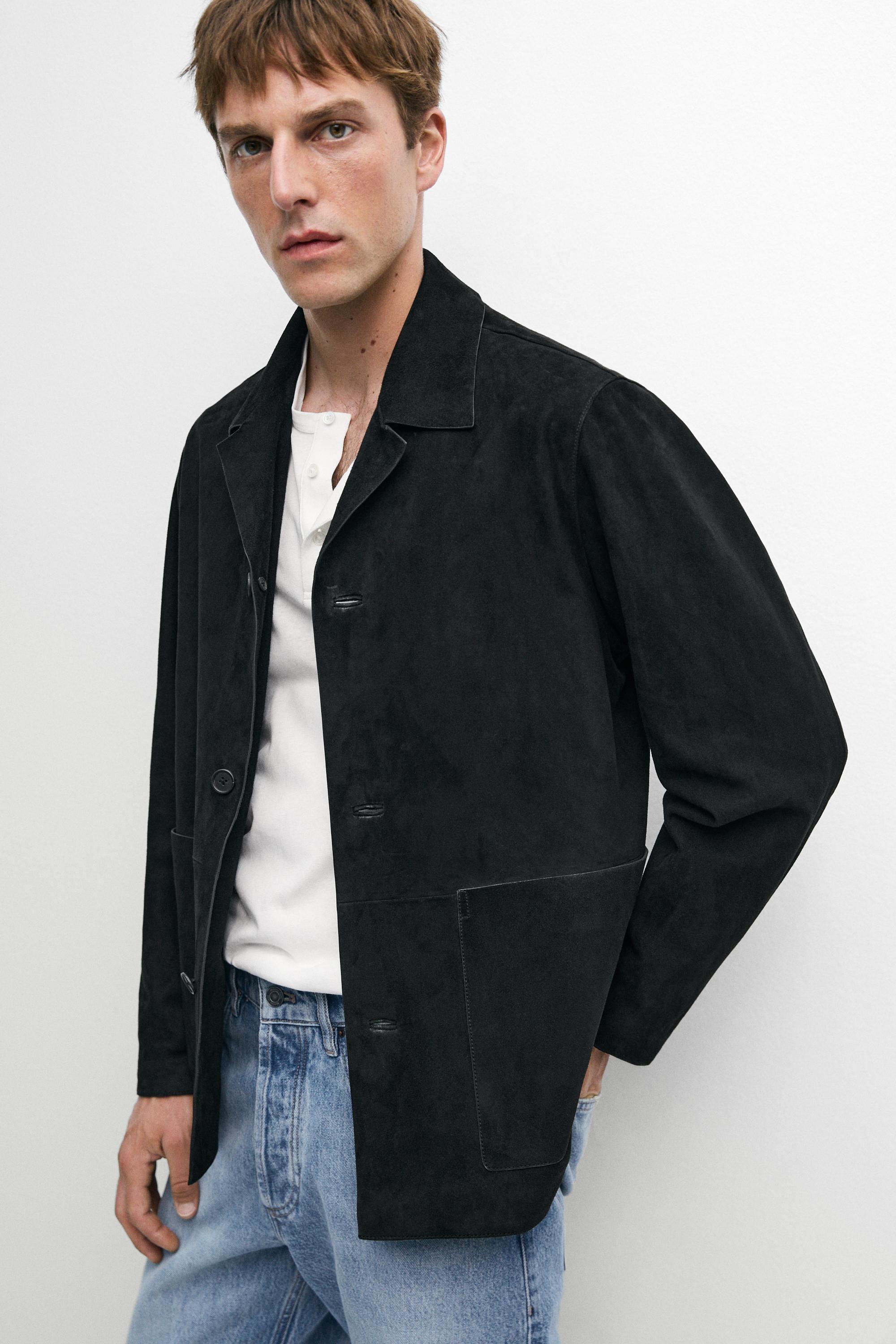 Suede leather jacket with pockets — BLACK
