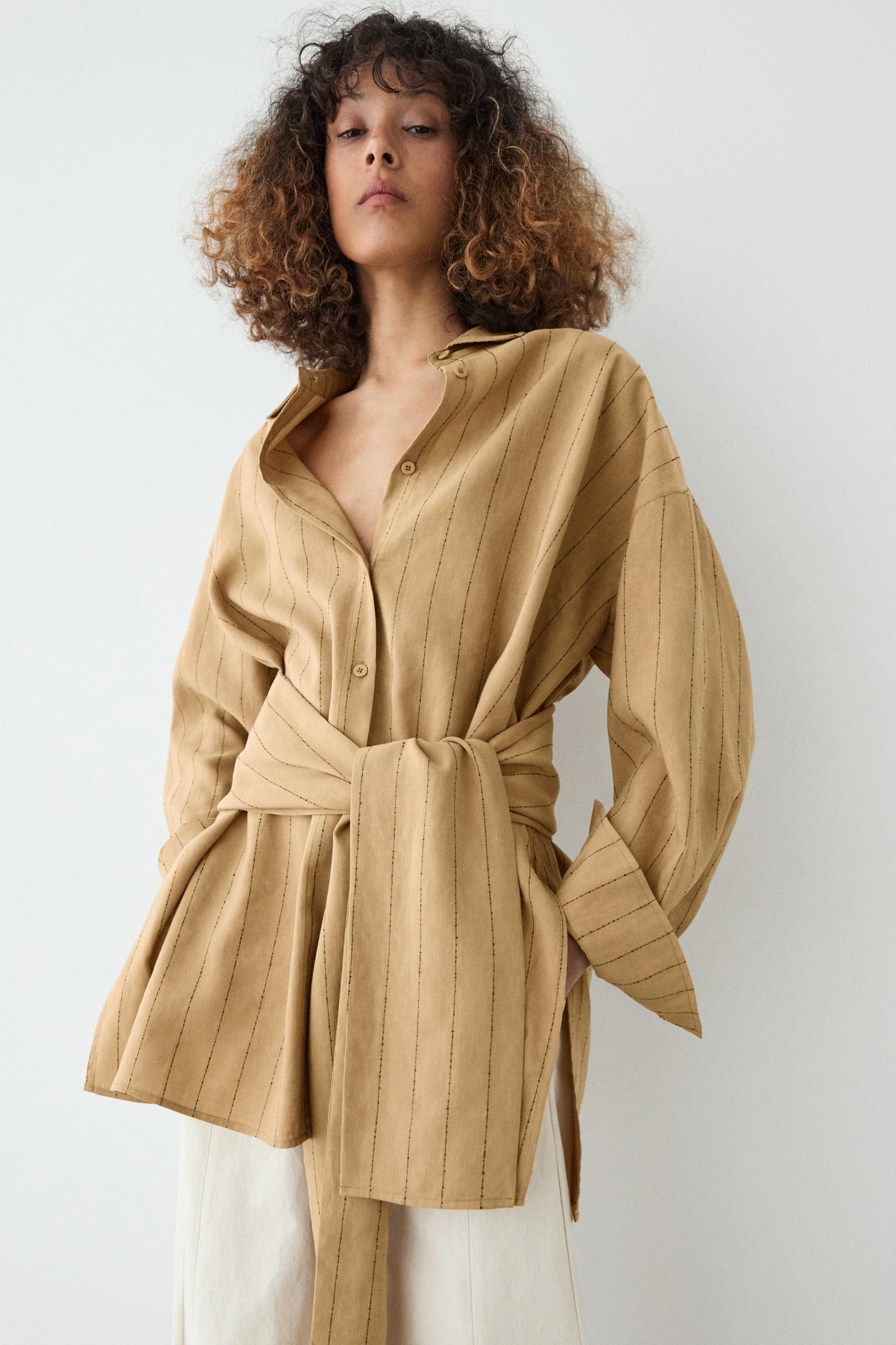 Striped flowing shirt with corset belt detail — MUSTARD YELLOW