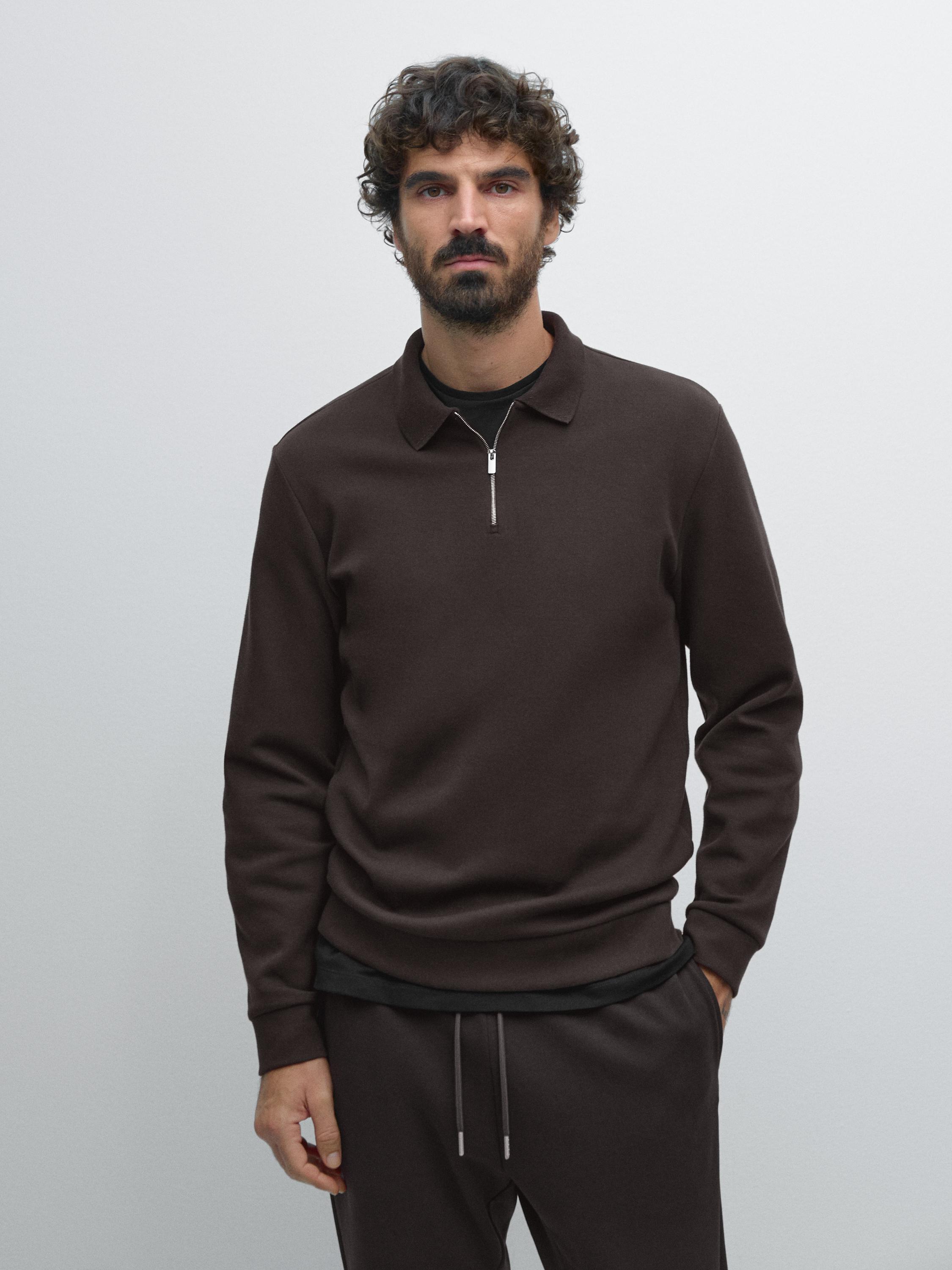 Long sleeve polo shirt with zip-up collar
