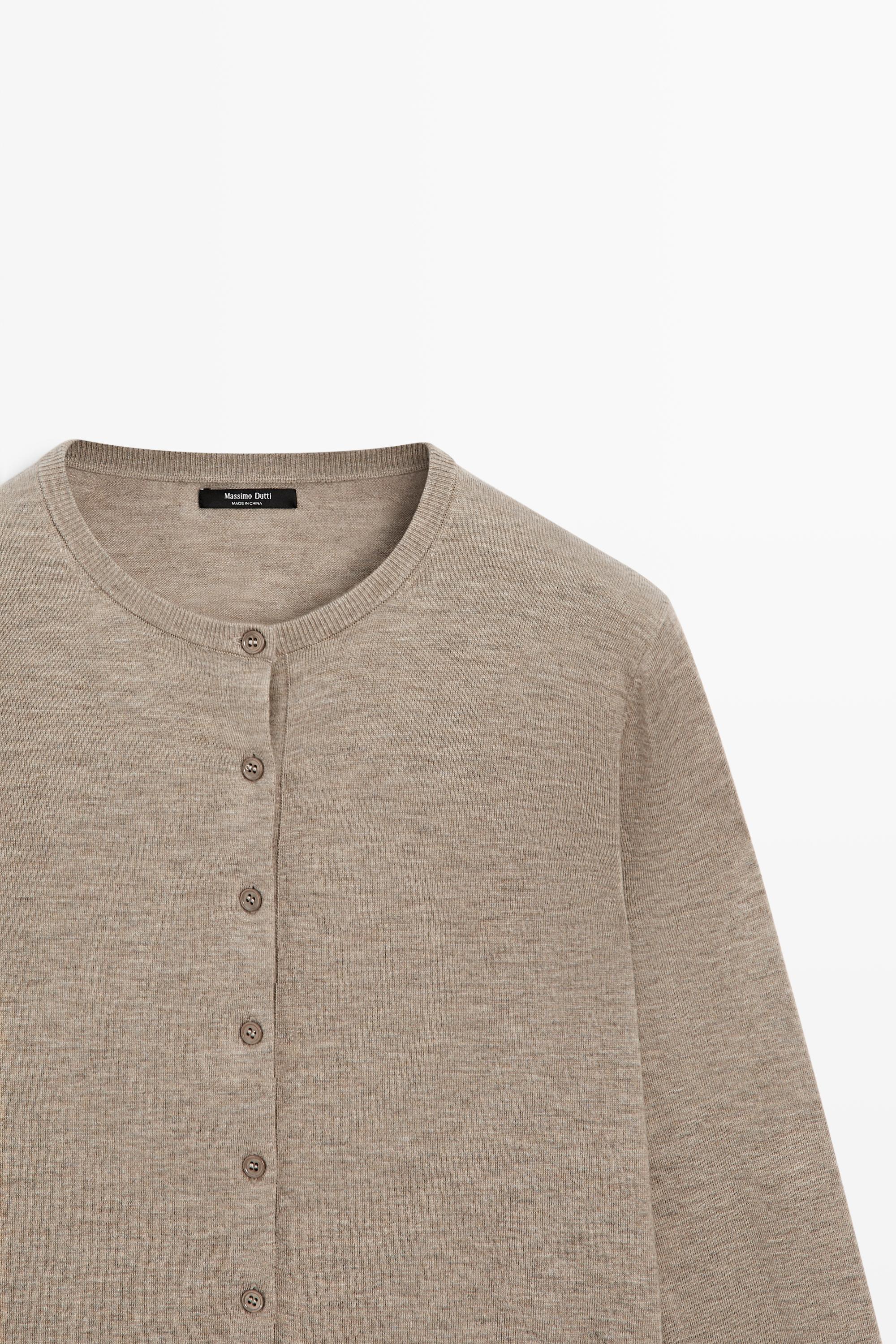 Fine-knit round neck cardigan — BEIGE MARL