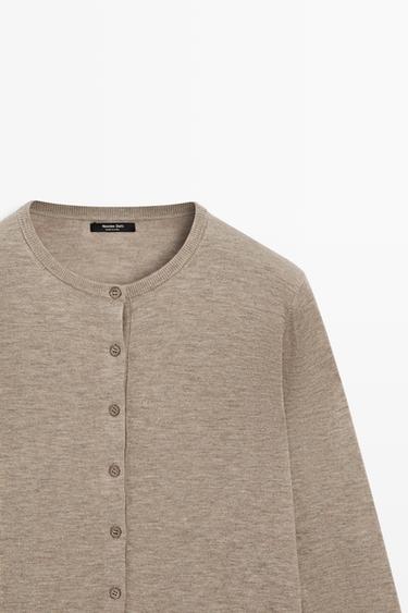 Fine-knit round neck cardigan — BEIGE MARL 4