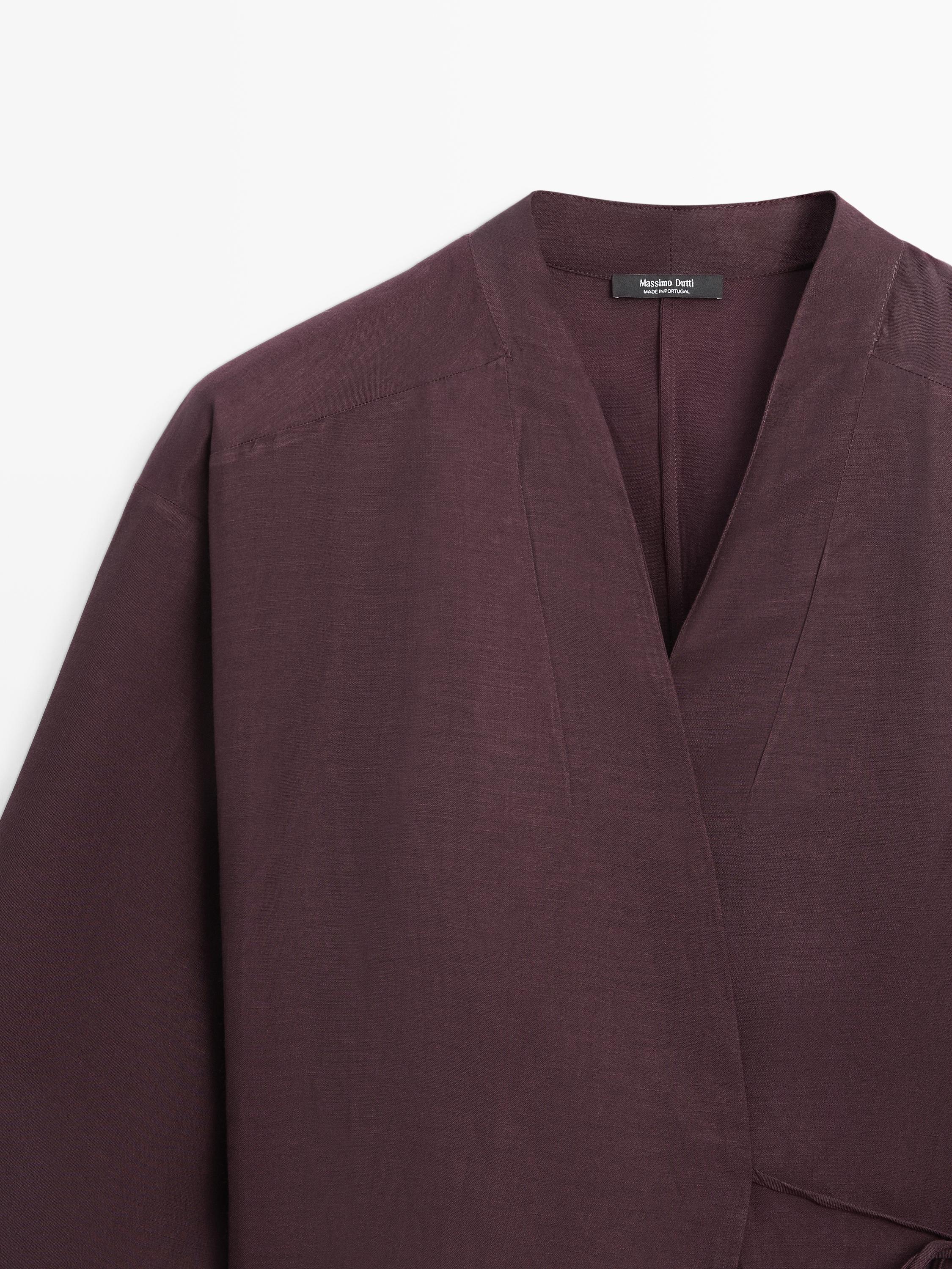 Linen blend shirt with bow detail — AUBERGINE