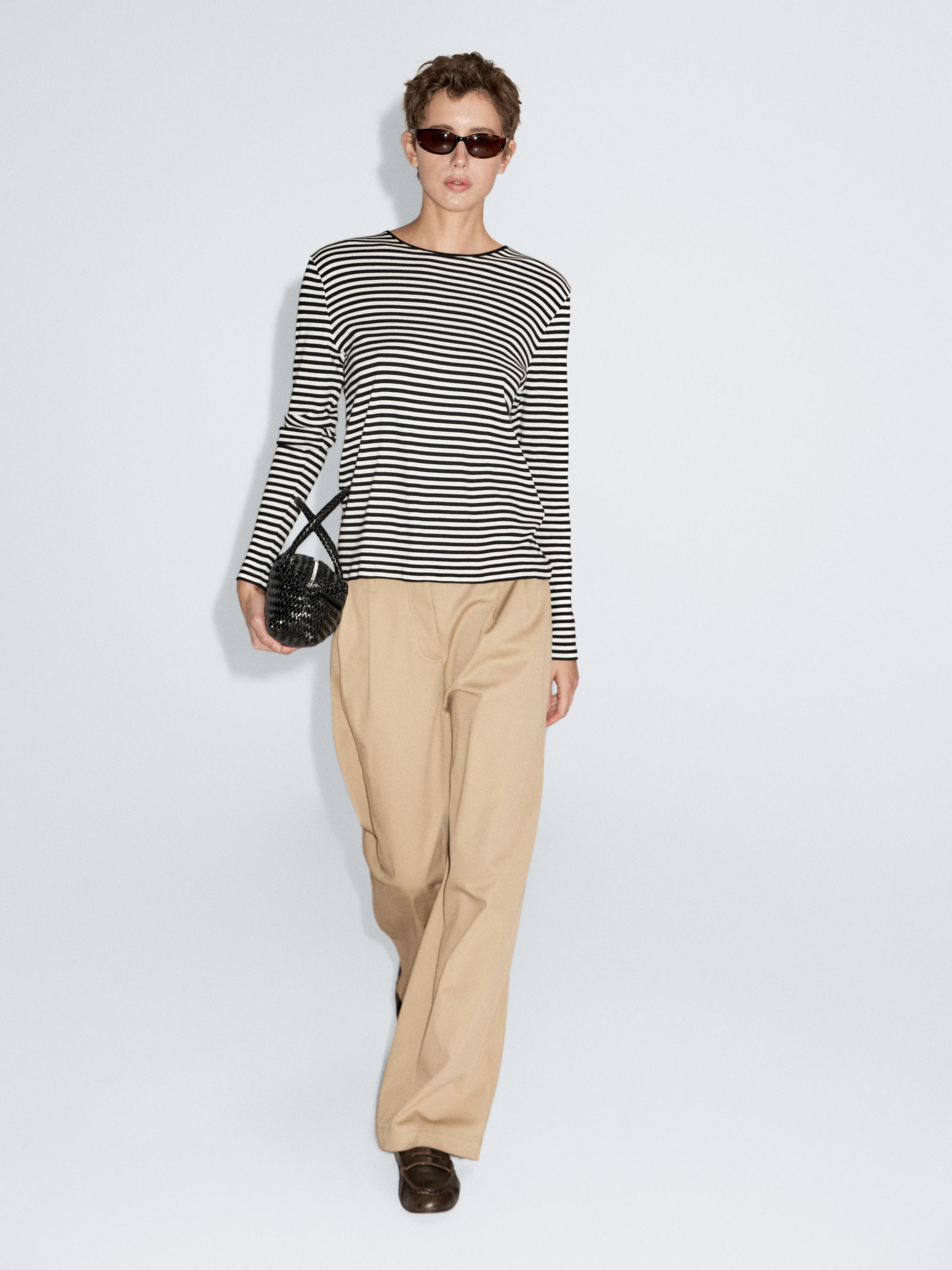 Striped long sleeve T-shirt with contrast detail · Black · Circular Massimo Dutti
