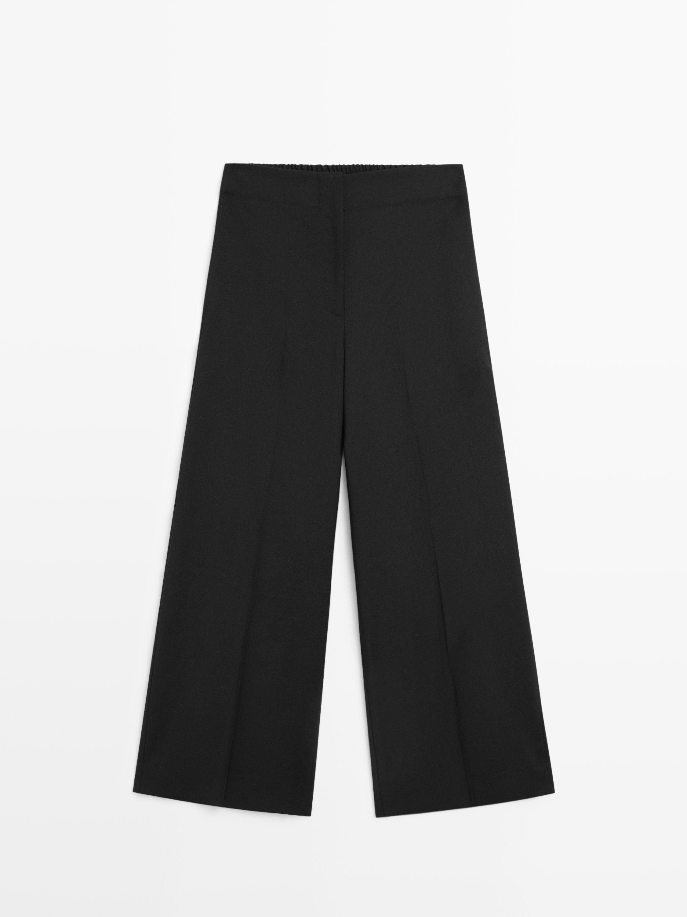 Wide-leg cropped stretch wool trousers — BLACK