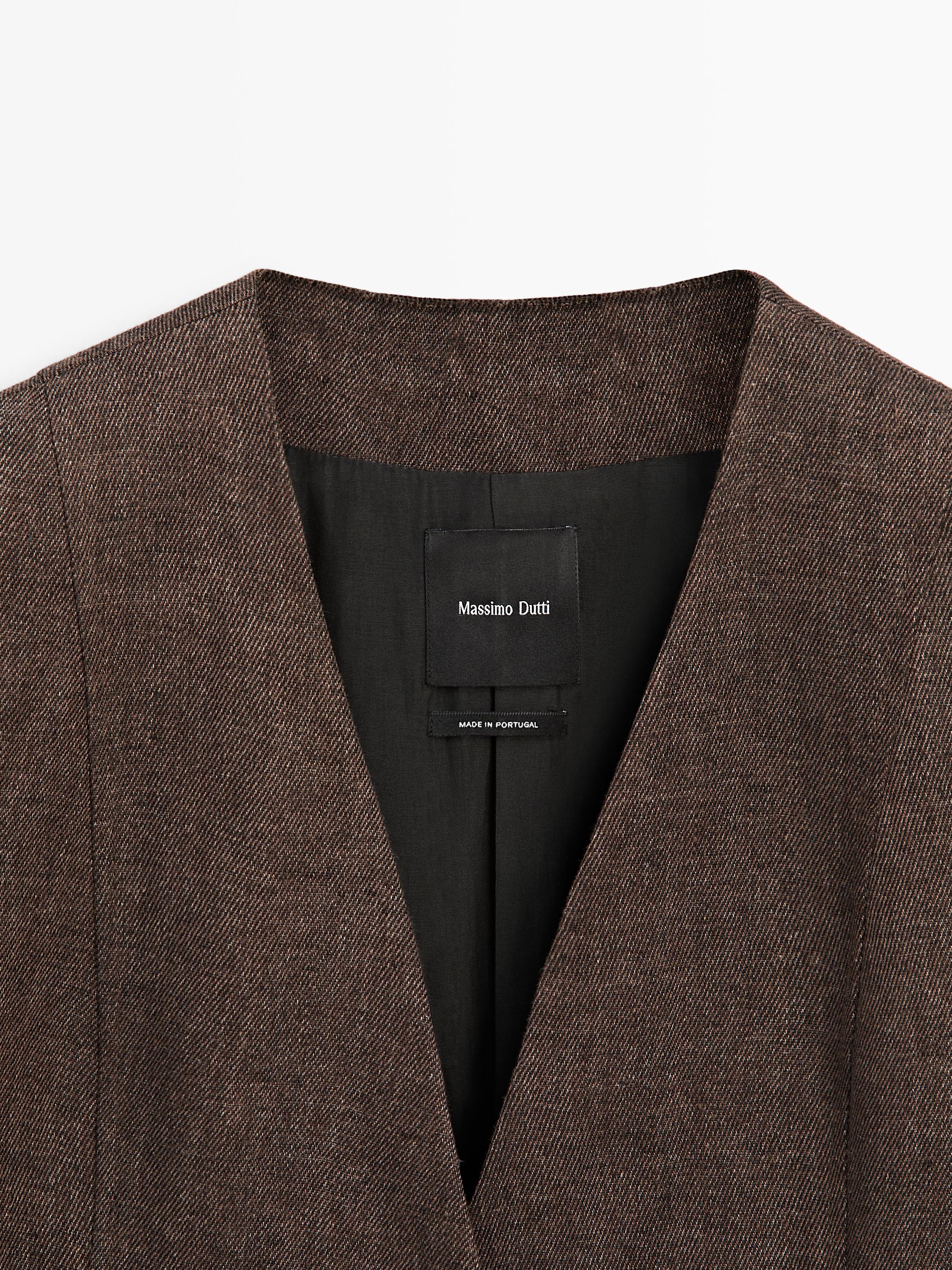 100% linen lapelless blazer — BROWN