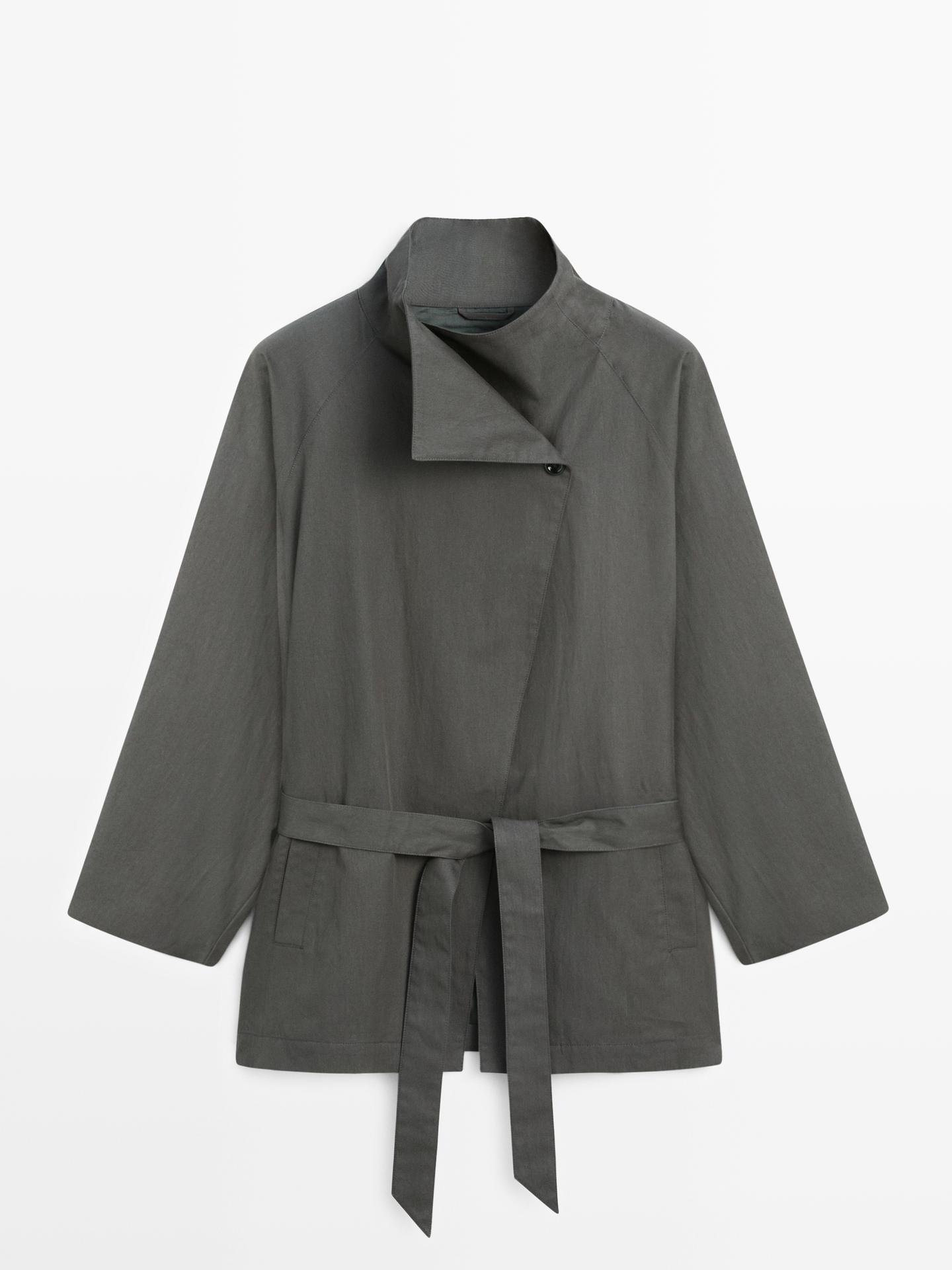 棉質混紡短款束帶風衣 · 中藍色 · Coats | Massimo Dutti