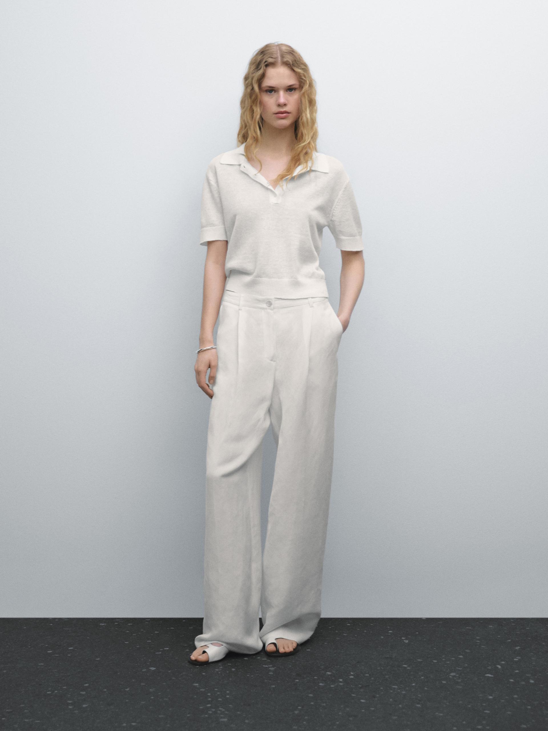 Pull Polo En Maille Ajourée De Lin Mélangé - Blanc Optique - L - Massimo Dutti - Femme