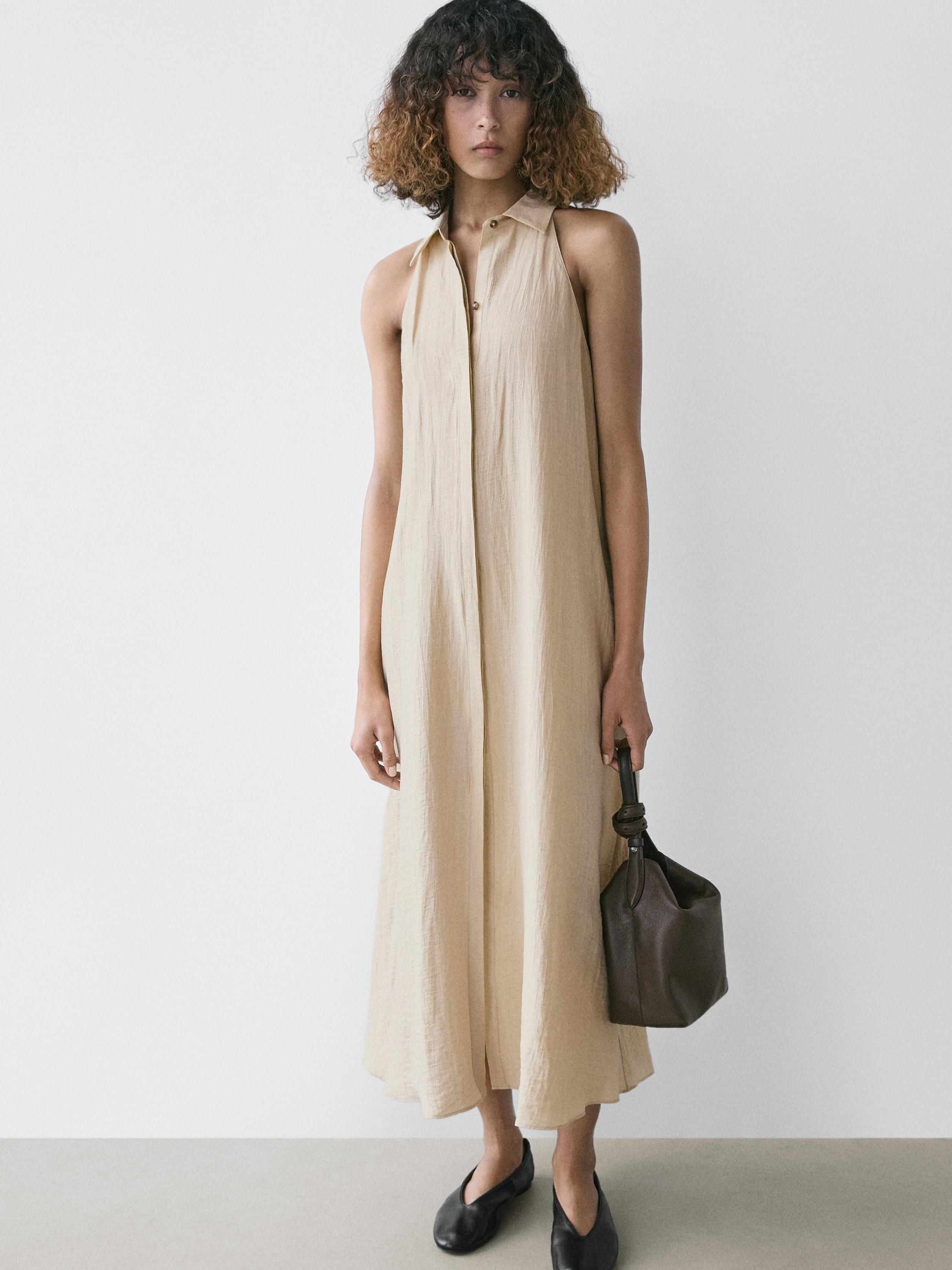 Linen blend polo collar midi dress — CREAM