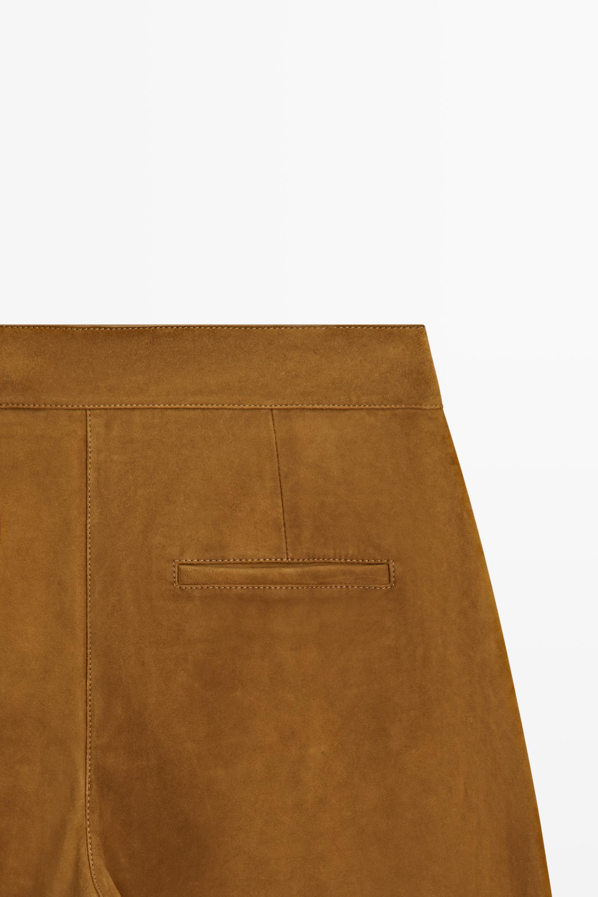 Suede goatskin barrel fit pants — DARK CAMEL