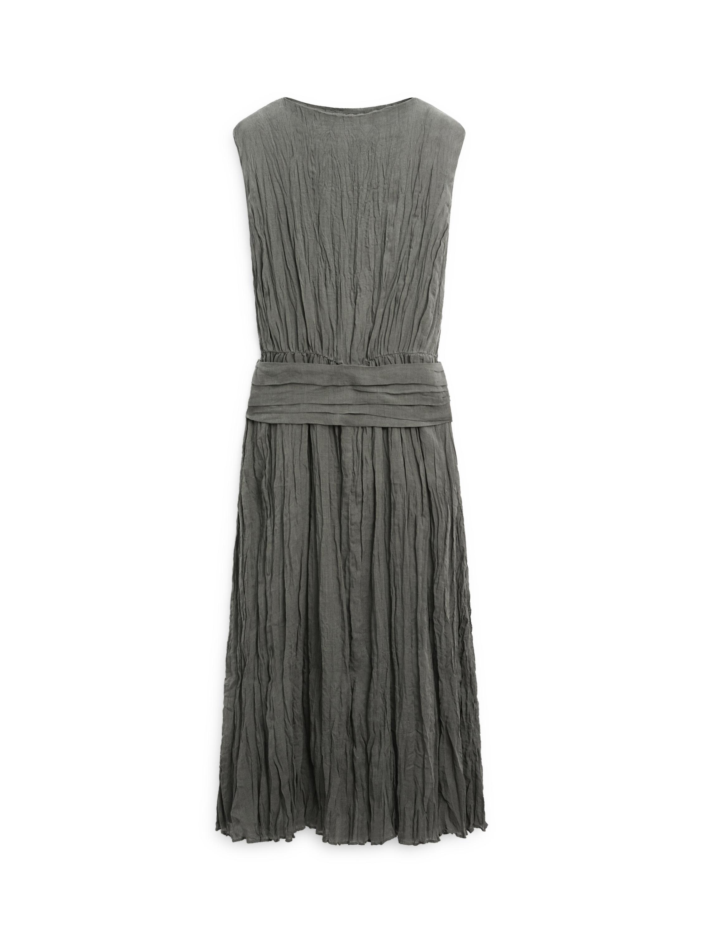 Textured flowing fabric dress with sash belt — GREY