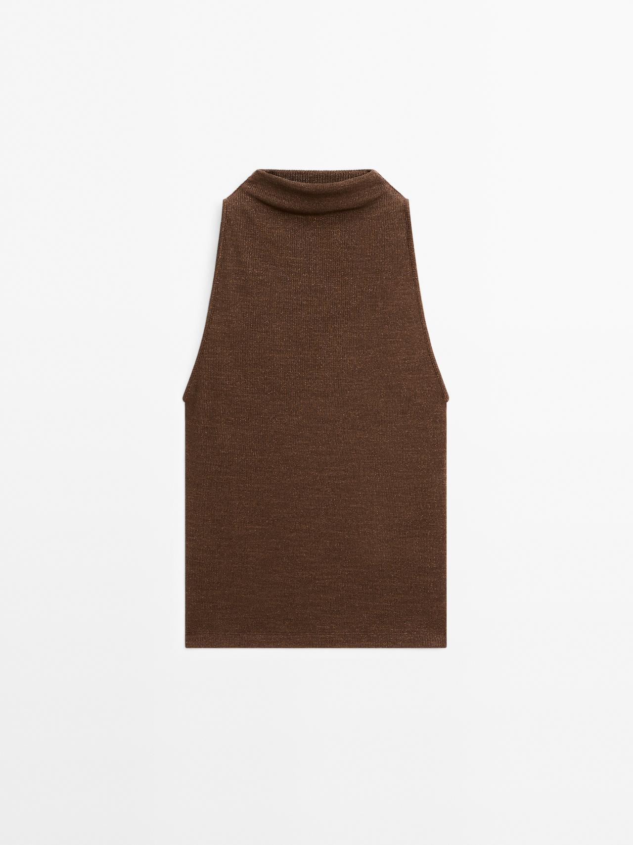 Massimo Dutti - Dame - Halternecktop Med Metallisk Effekt - Brun - S