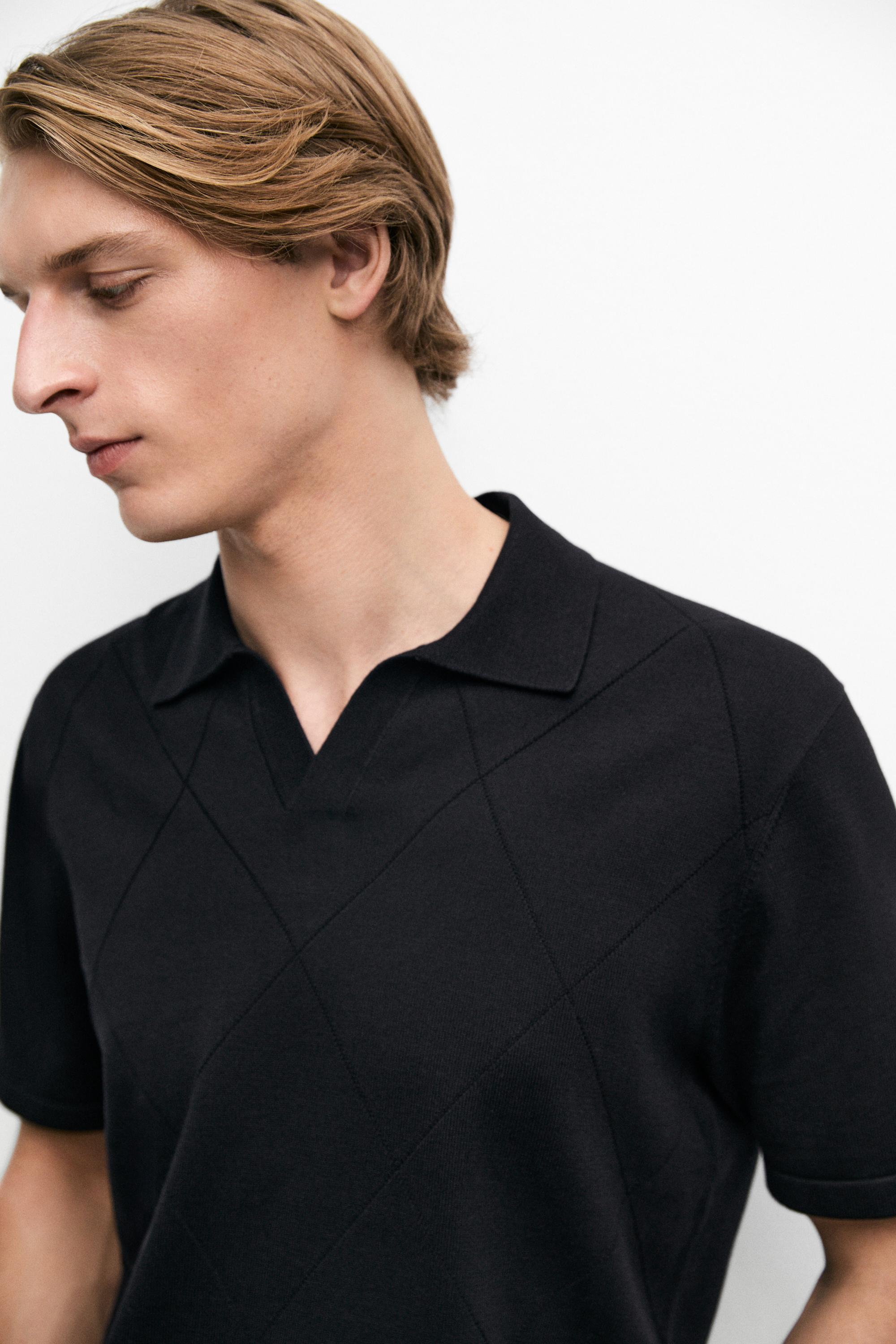 100% cotton intarsia knit polo shirt — NAVY BLUE