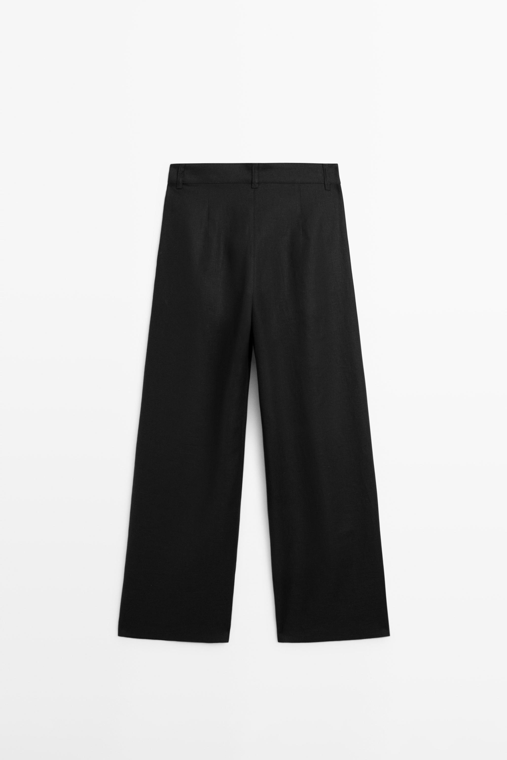Wide-leg pleated linen trousers — BLACK