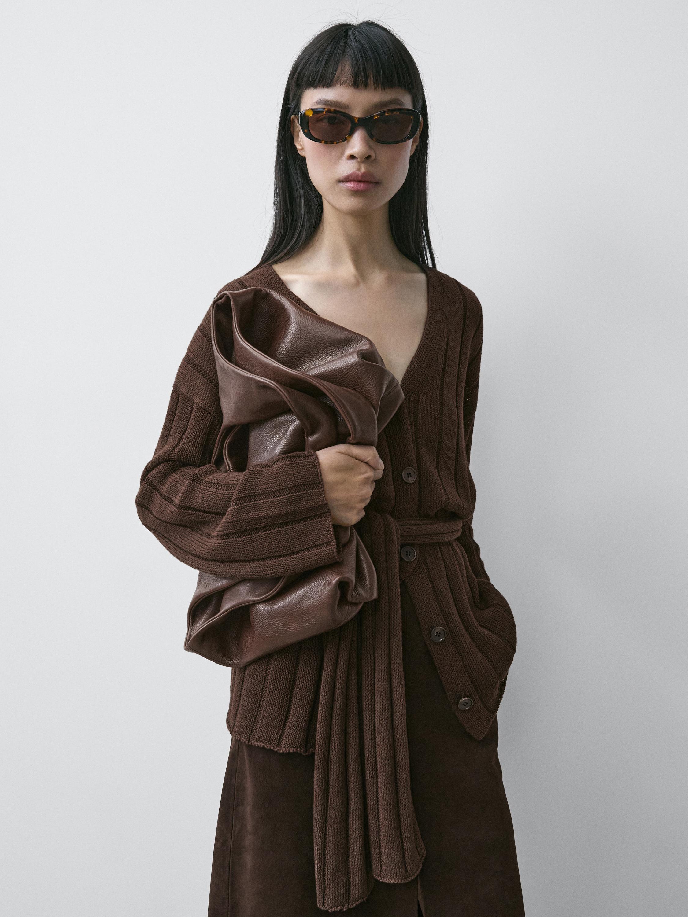 Knit cardigan with waist detail — Chocolate