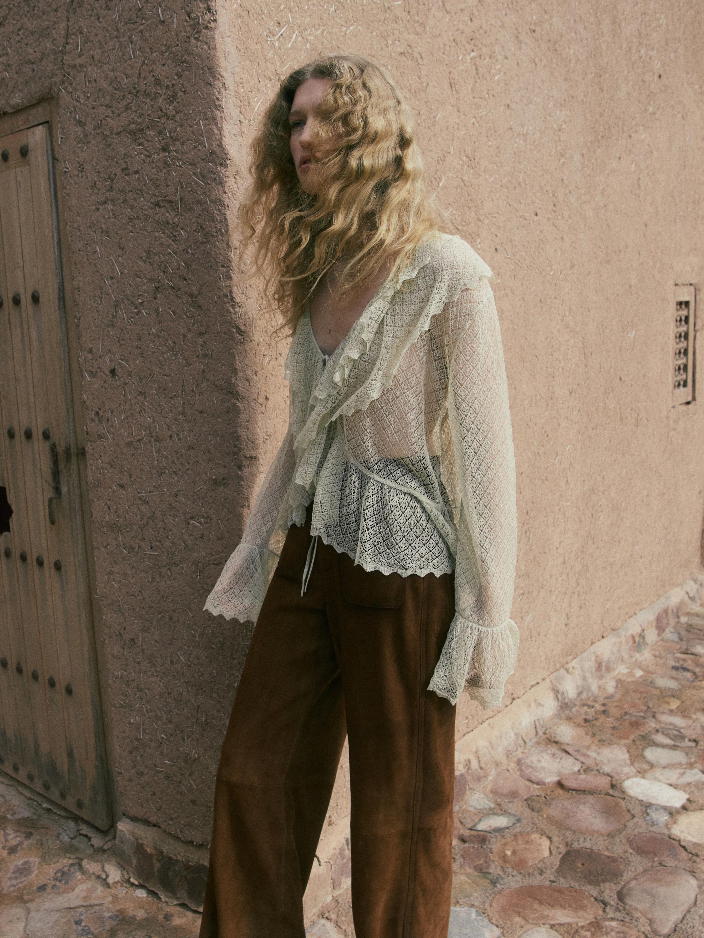 Suede leather wide-leg trousers with pockets — BROWN