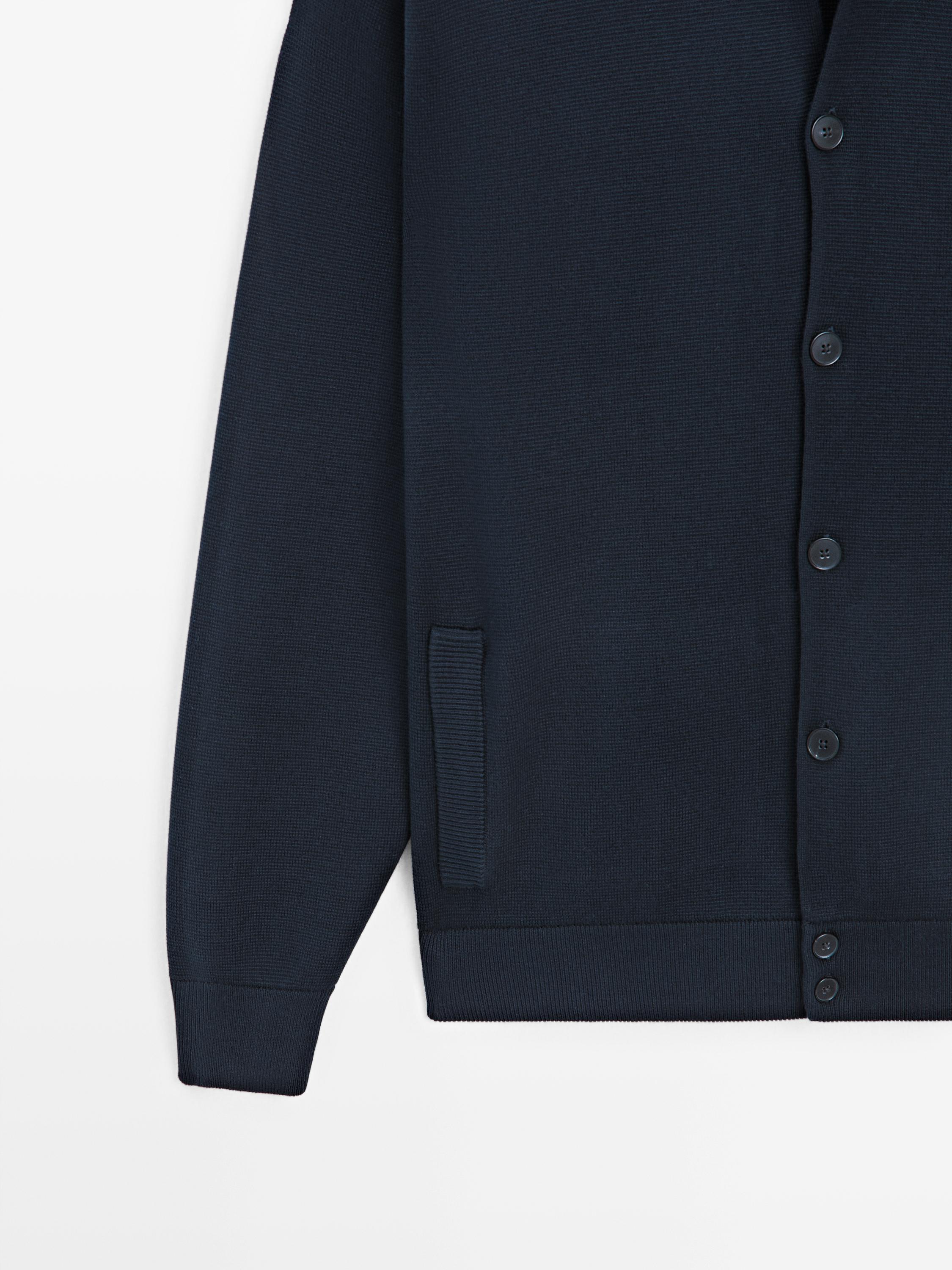 100% cotton knit cardigan with polo collar — NAVY BLUE