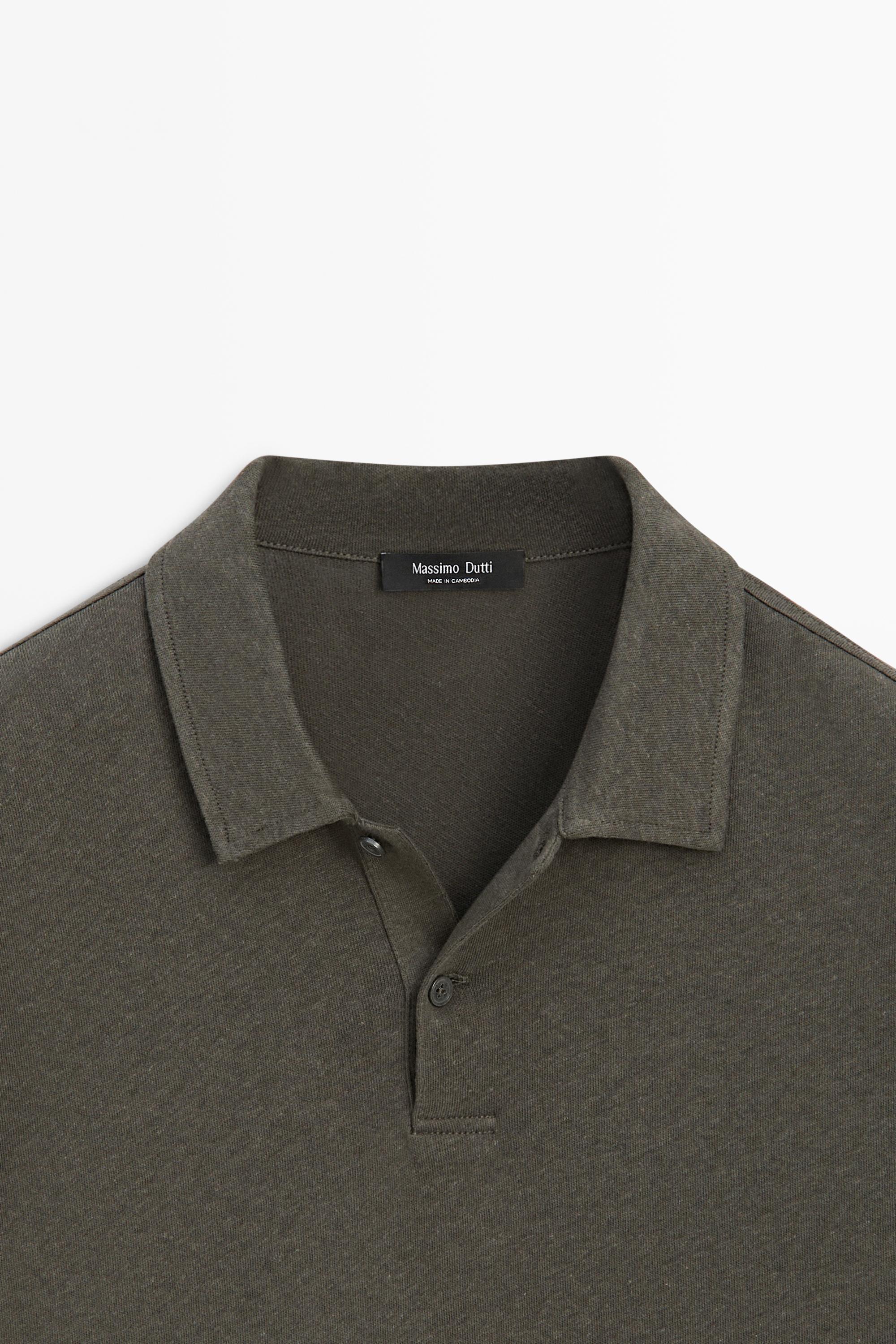 Linen and cotton short sleeve polo shirt — KHAKI