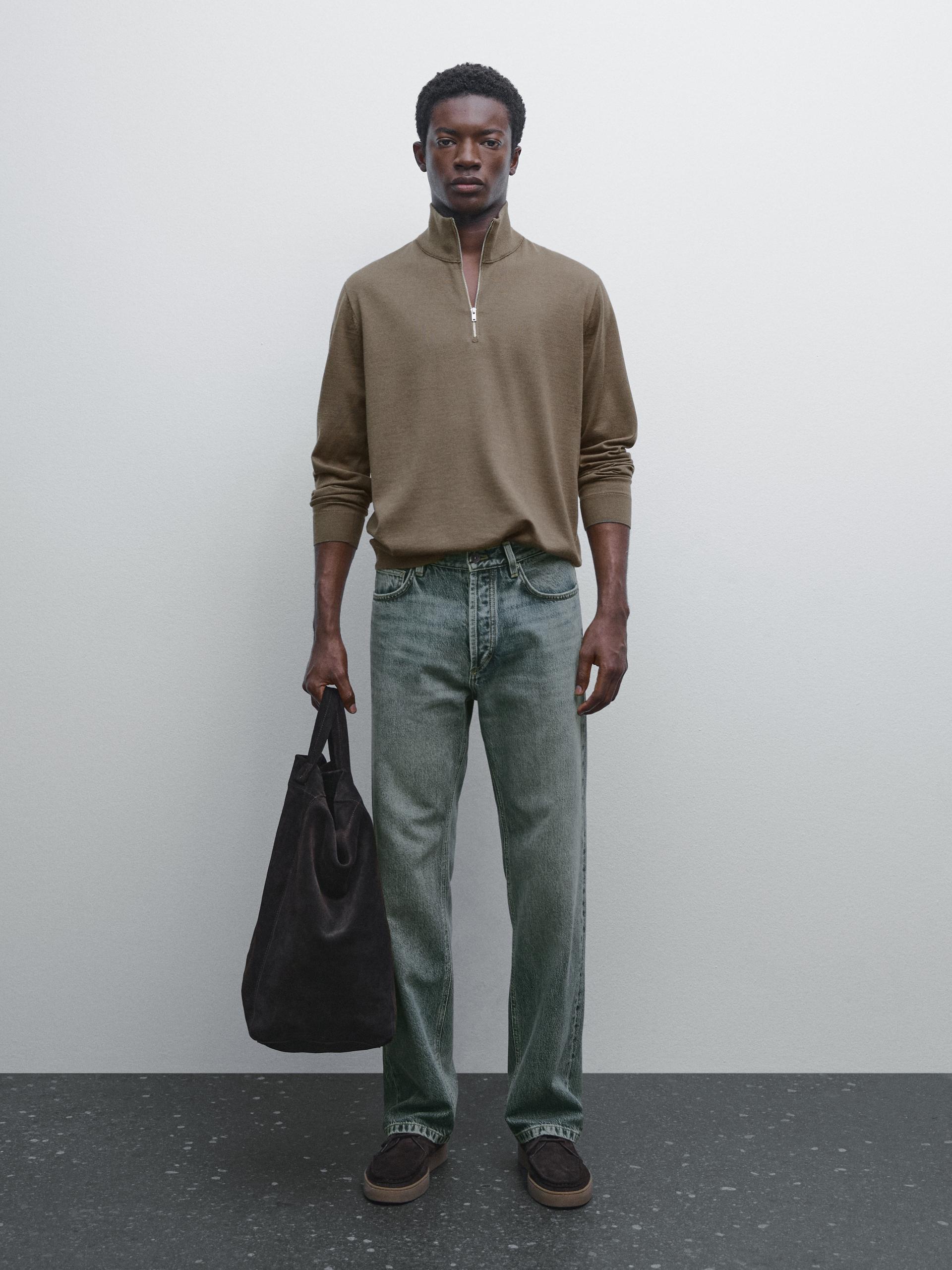 Pull En Maille À Col Zippé - Kaki - M - Massimo Dutti - Homme