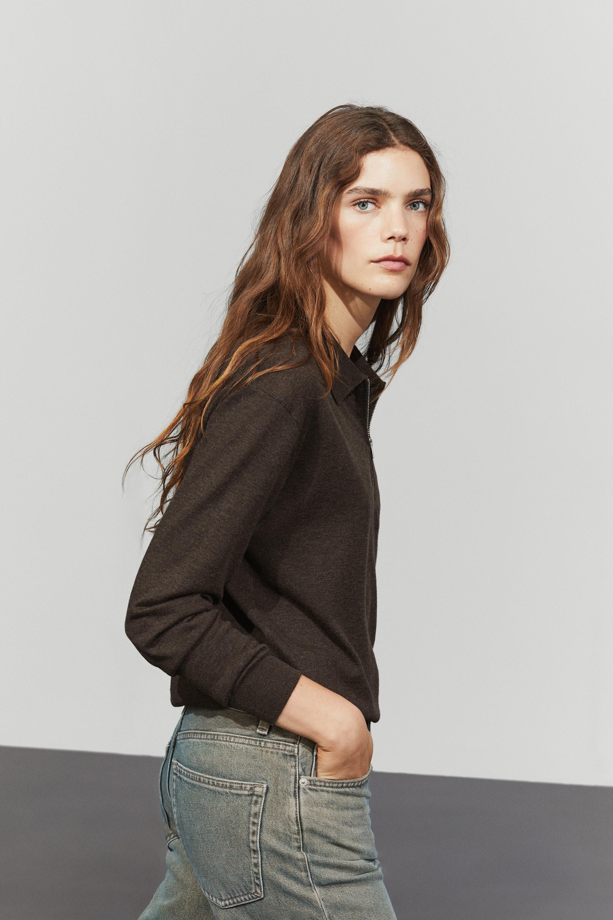 Wool blend quarter-zip knit sweater — CHOCOLATE BROWN