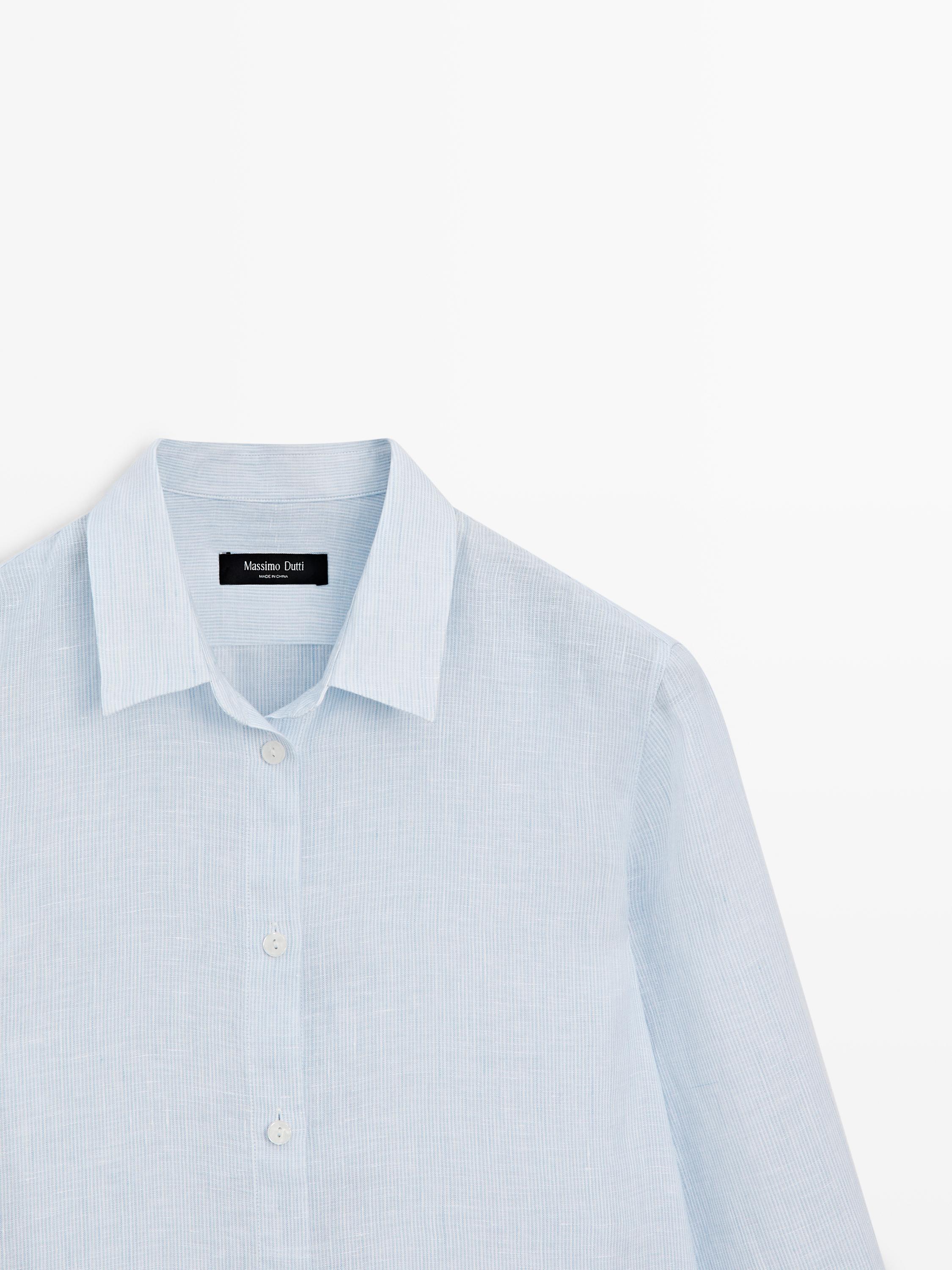 Regular fit 100% linen pinstriped shirt — SKY BLUE
