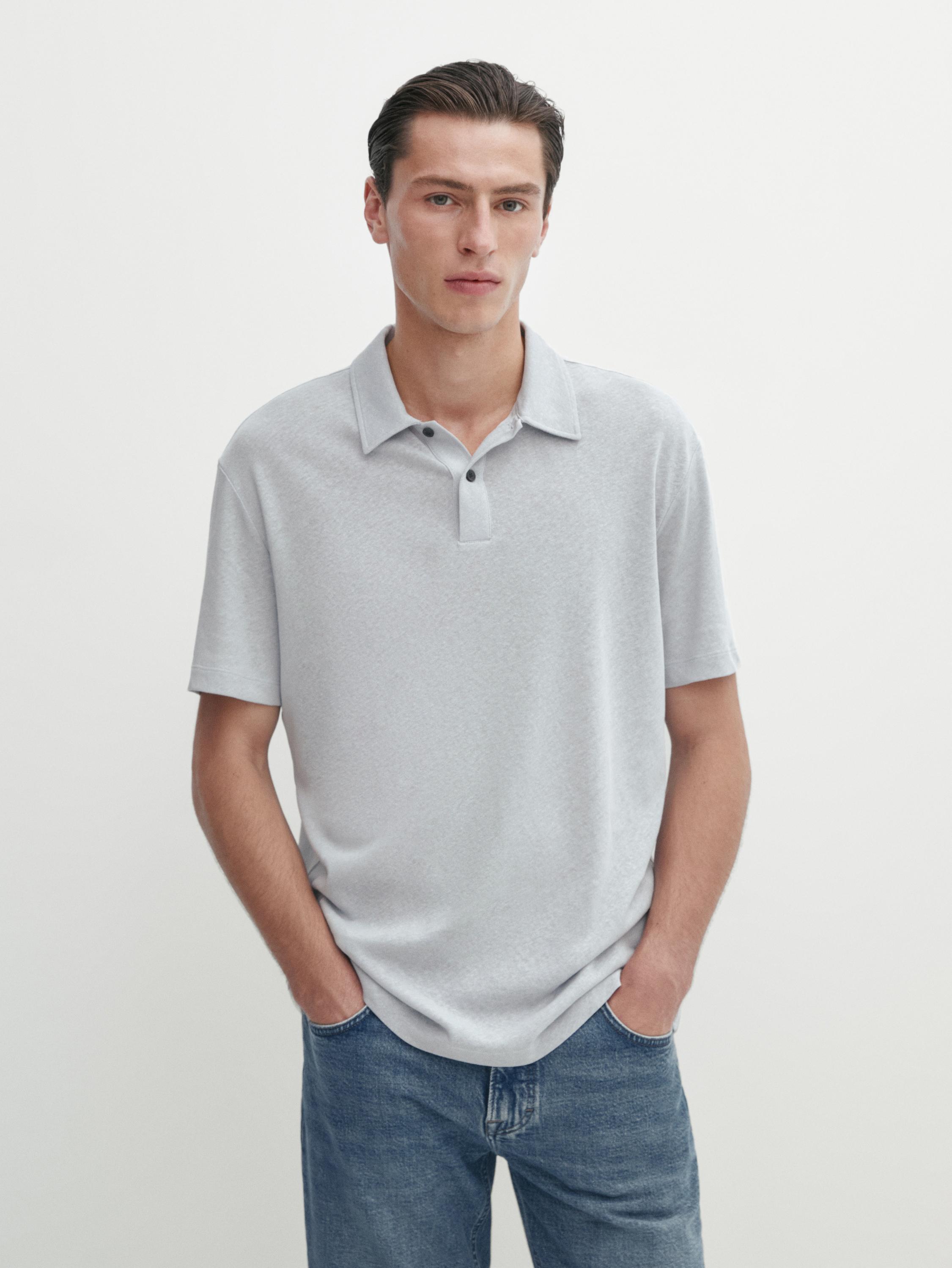 قميص بولو من الكتان المخلوط بأكمام قصيرة