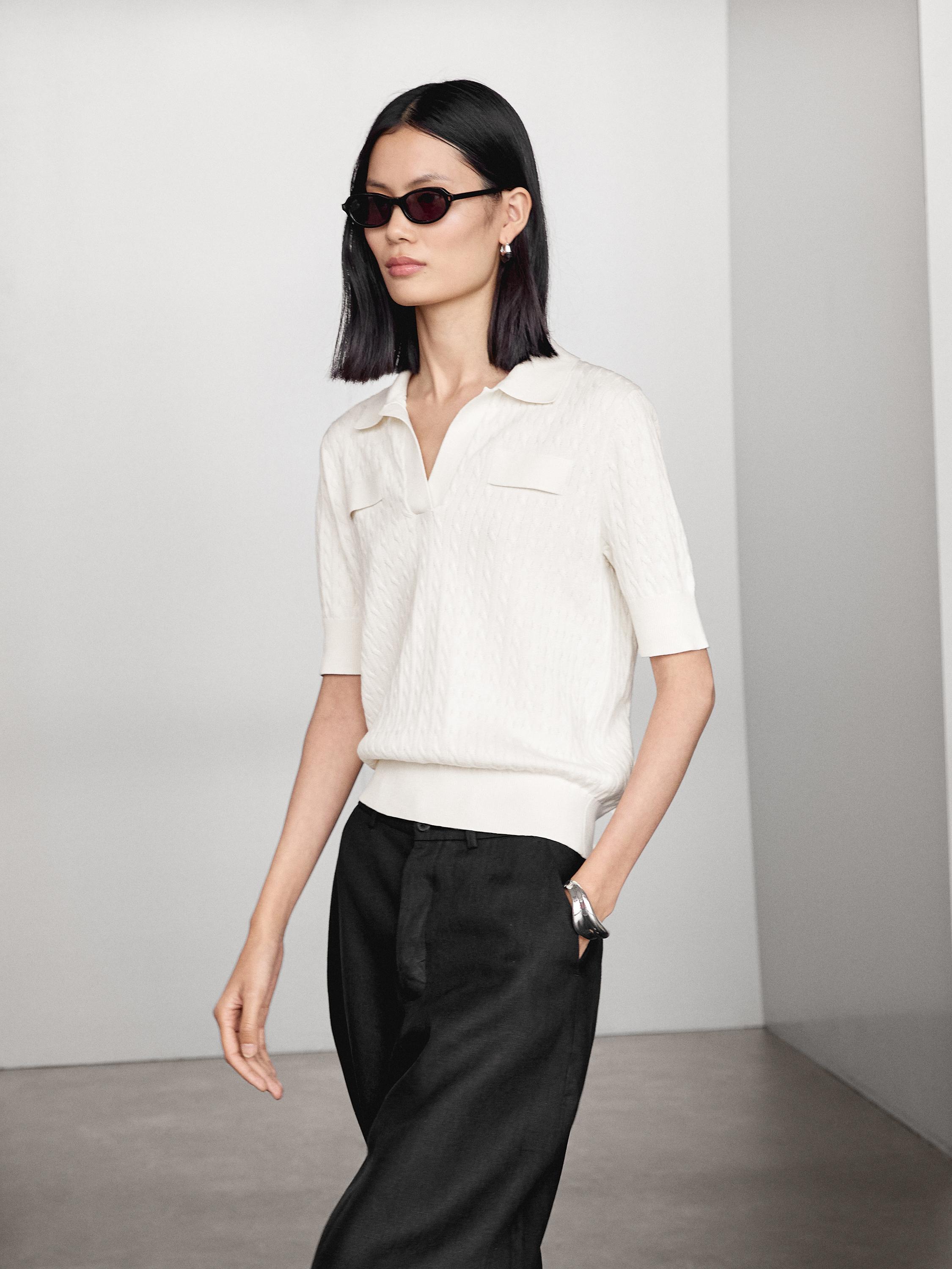 Áo len cổ polo dệt kim 100% cốt-tông