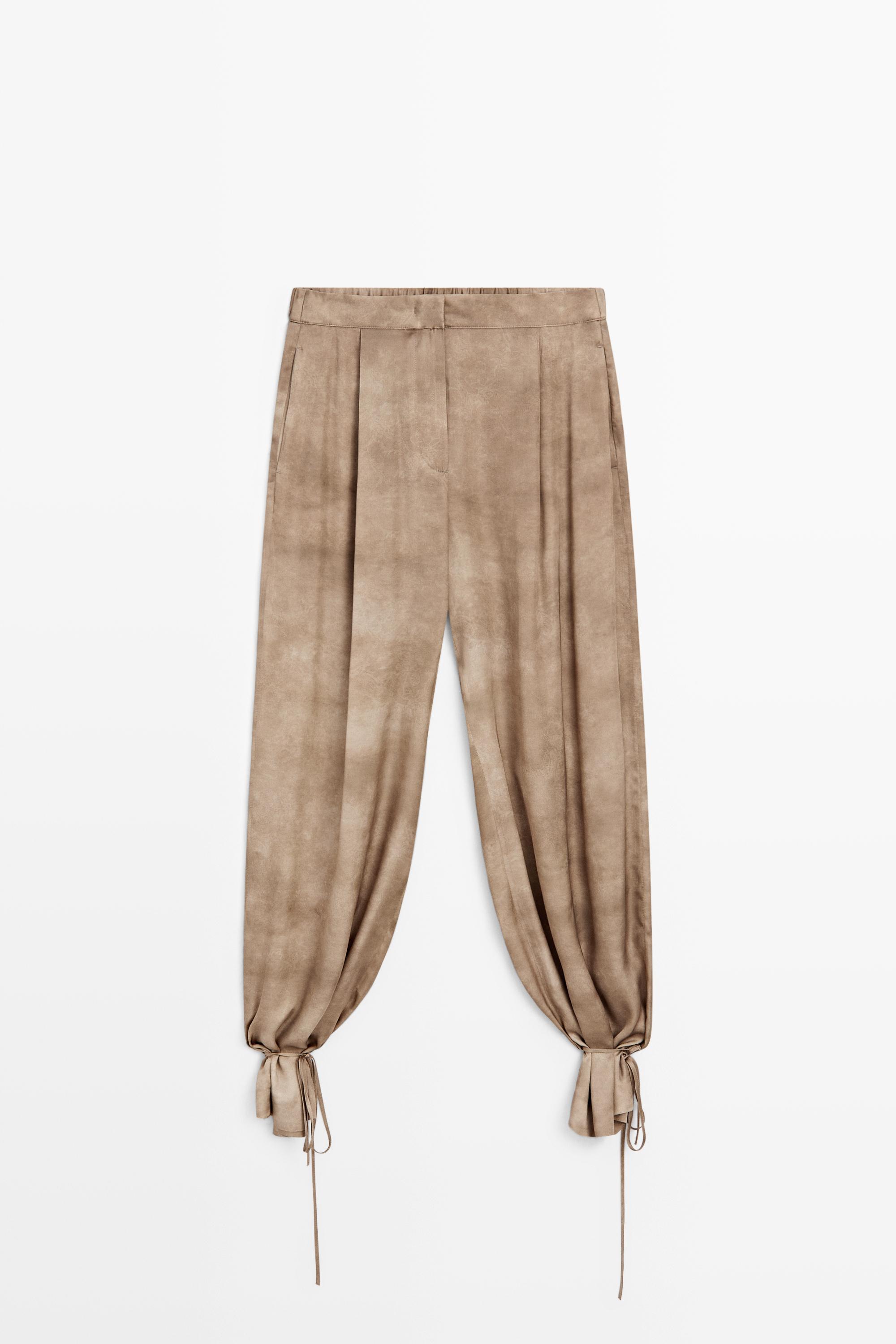 Flowing pants with tie-detail hem — BEIGE