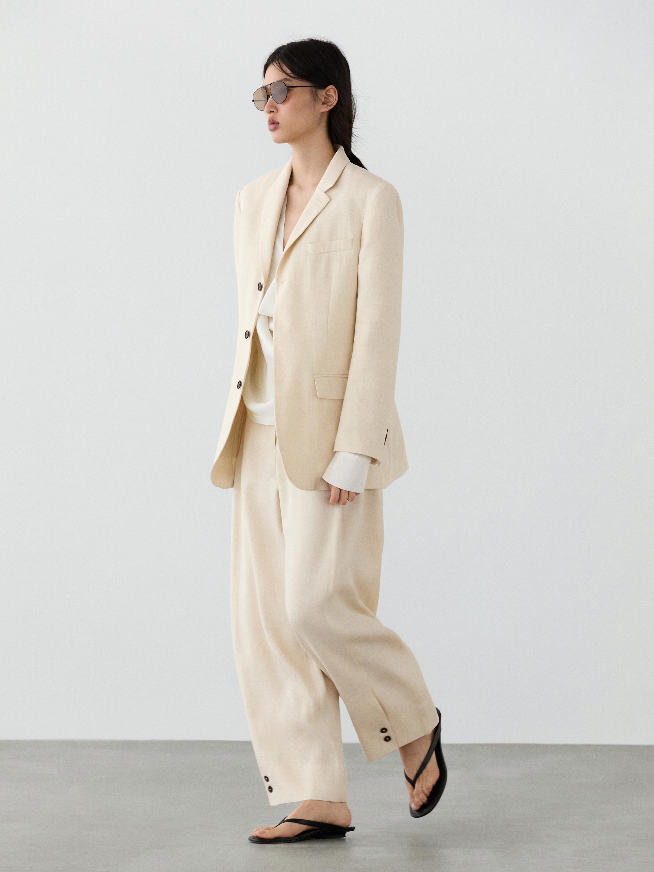 Linen blend suit trousers with button detail — CREAM