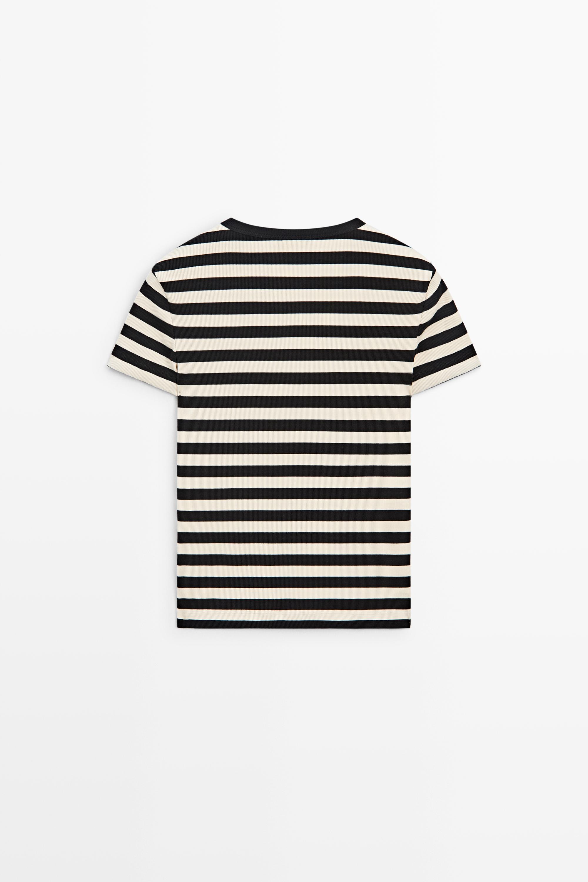 Short sleeve striped cotton blend T-shirt — BLACK