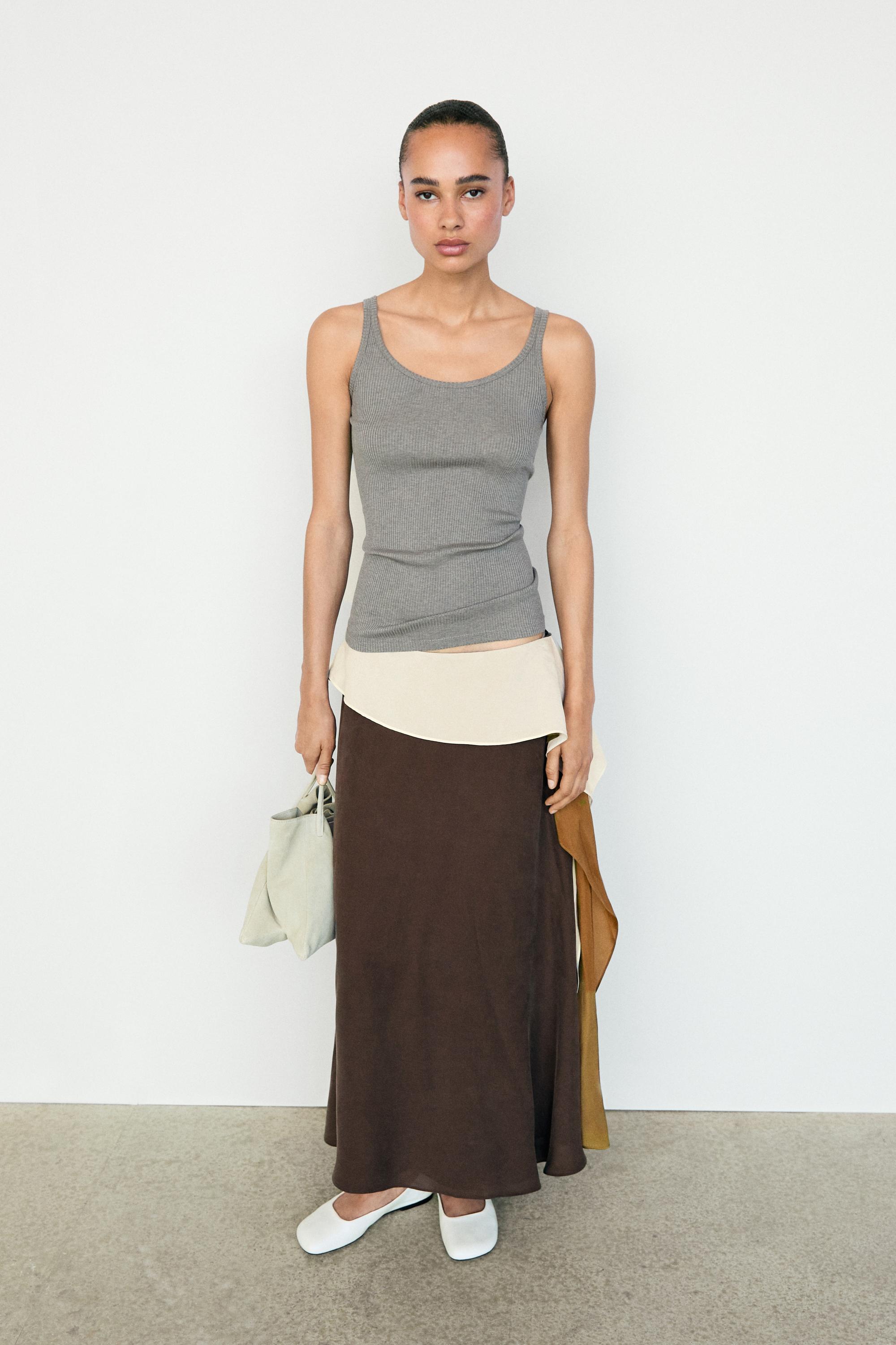Contrast Ruffle Midi Skirt — BROWN