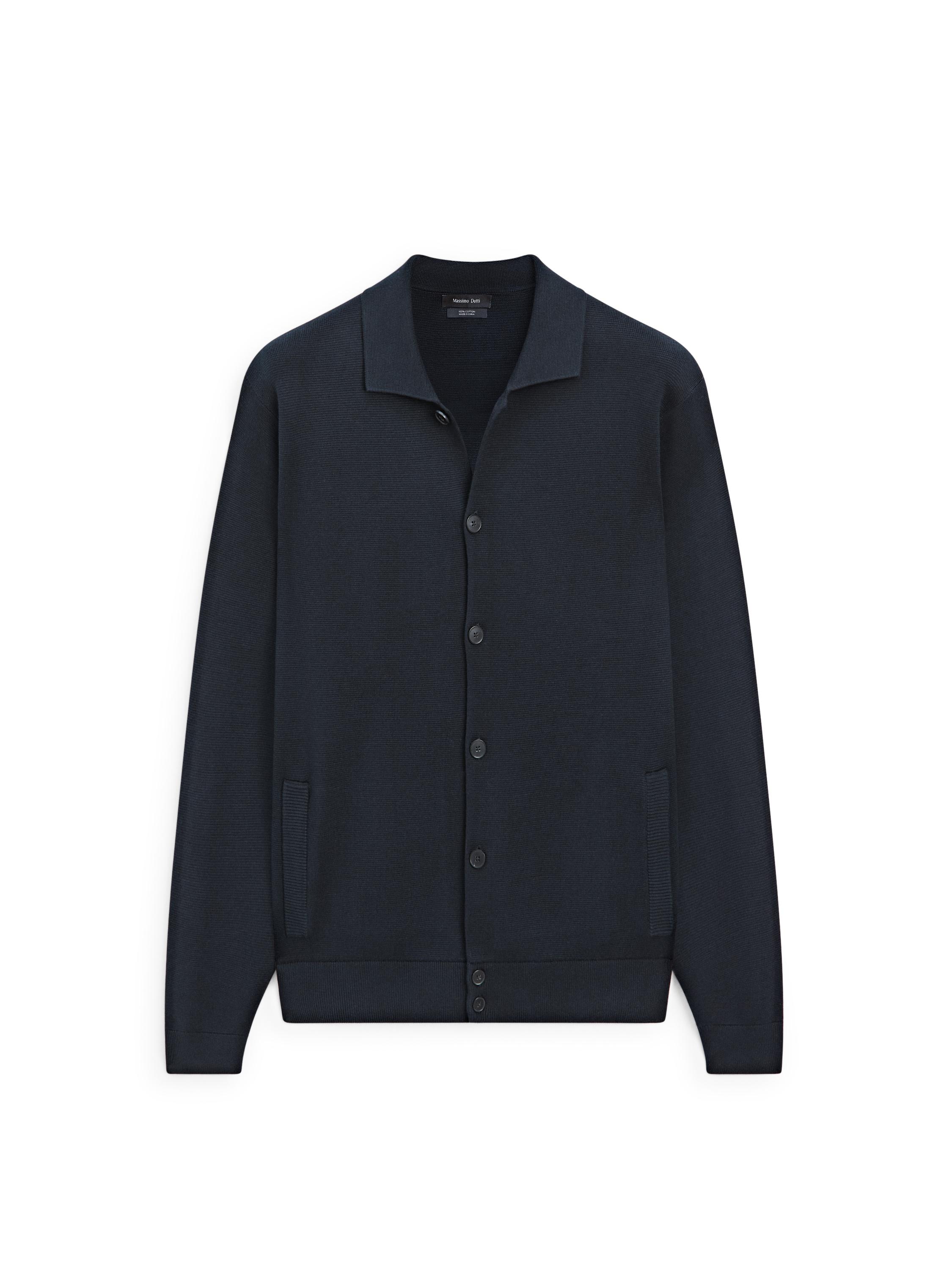 100% cotton knit cardigan with polo collar — NAVY BLUE