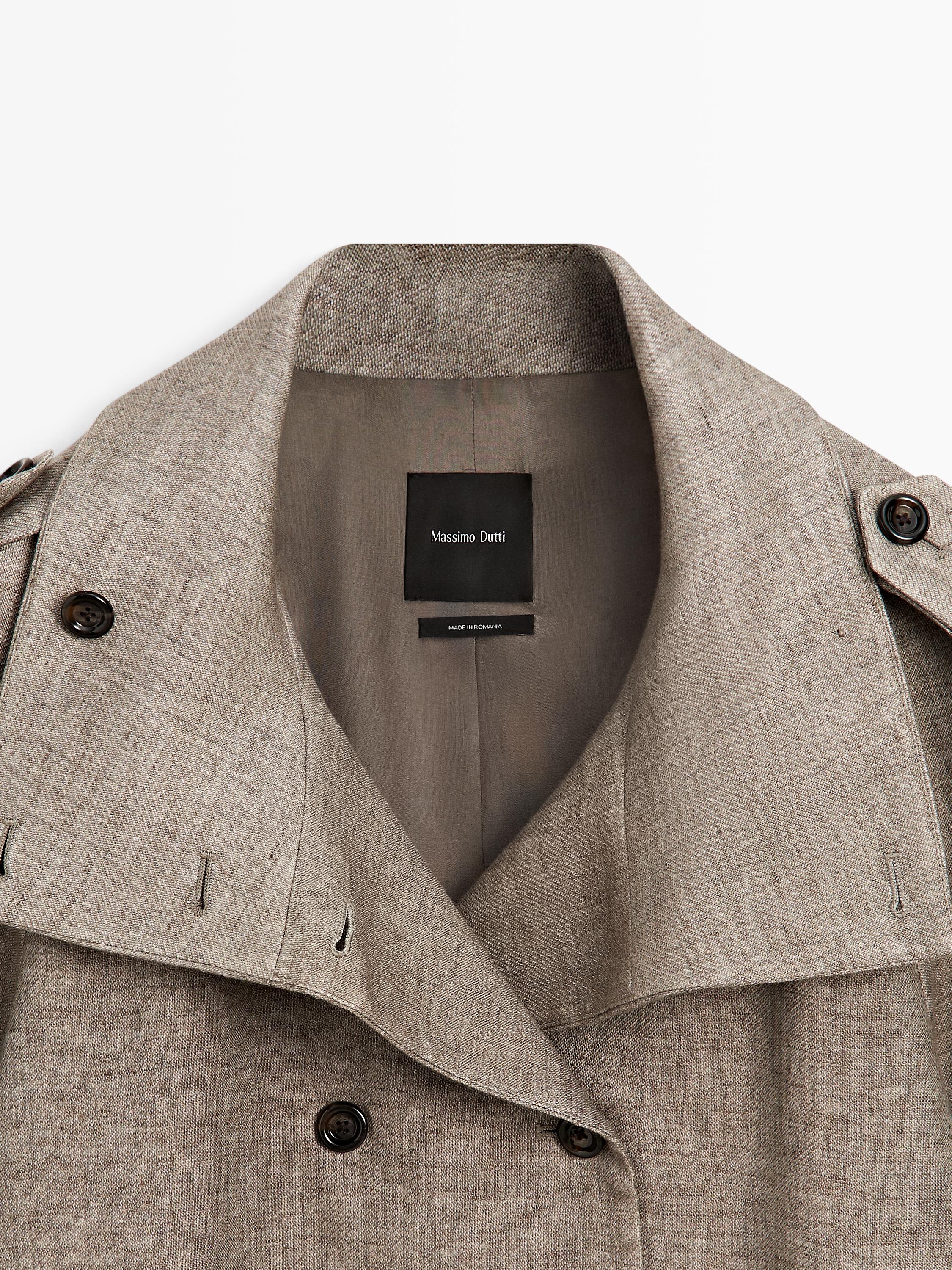 Linen melange high neck trench coat — TAUPE GREY