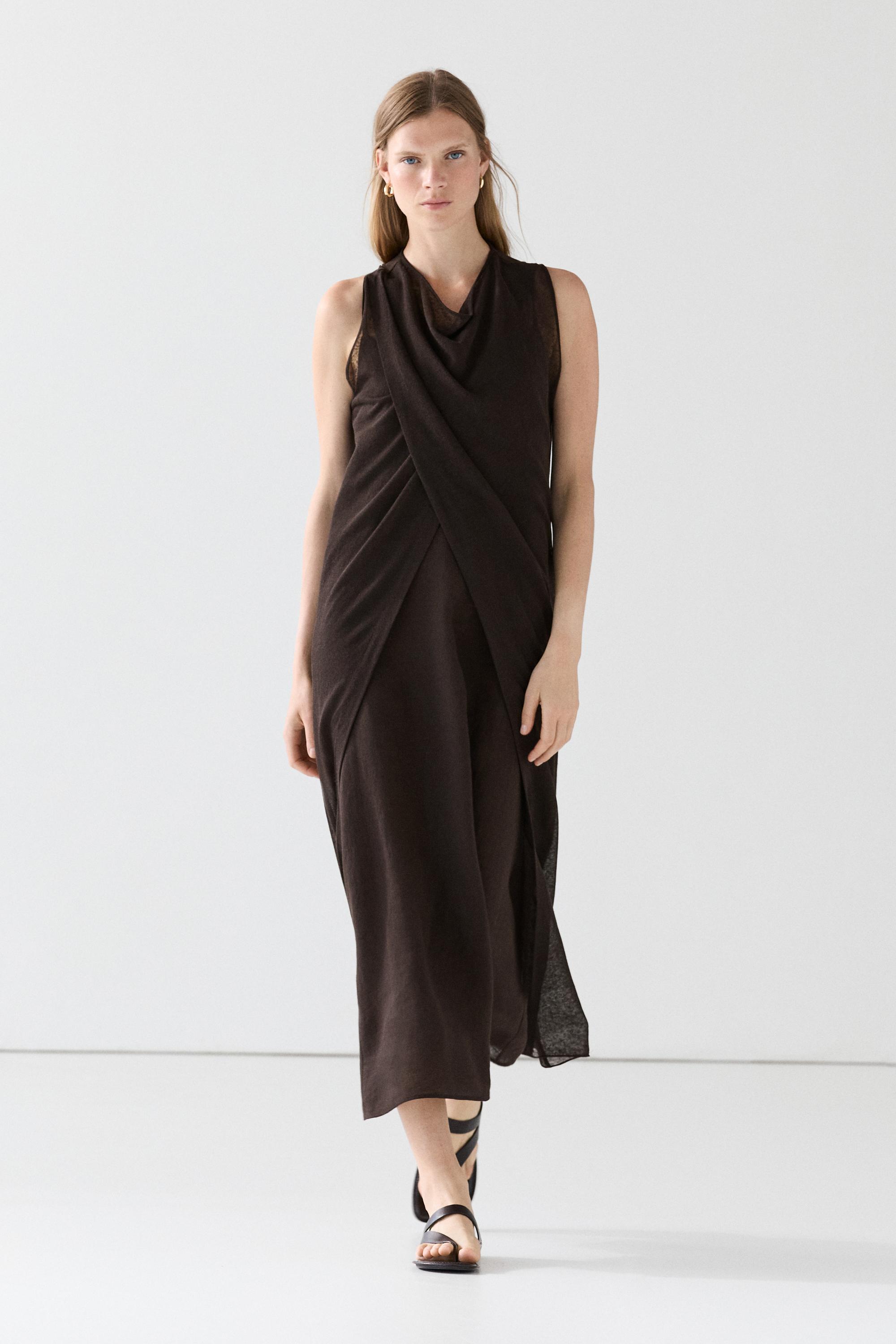 Linen blend crossover dress — BROWN