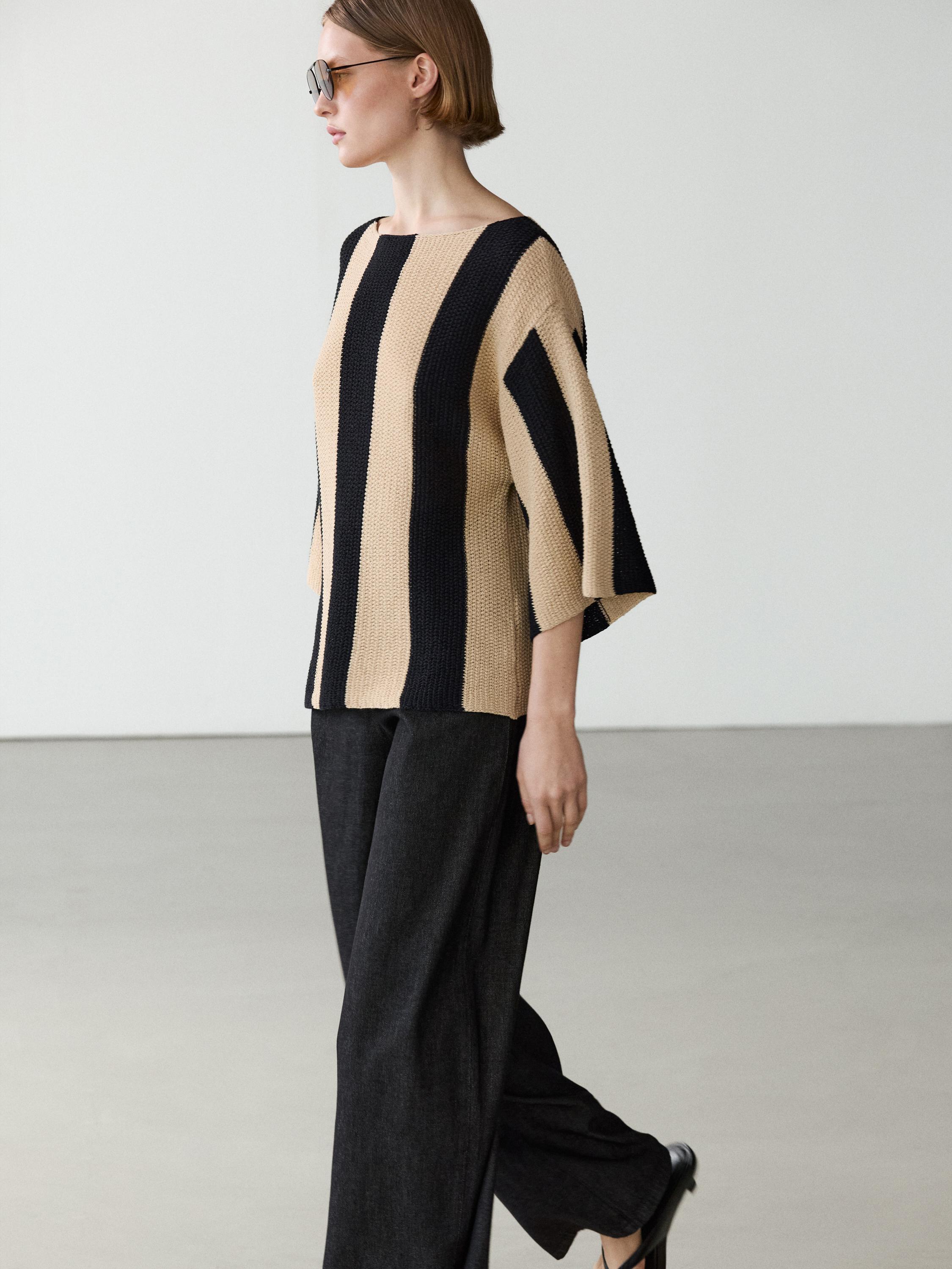 Striped cotton blend knit sweater — BLACK