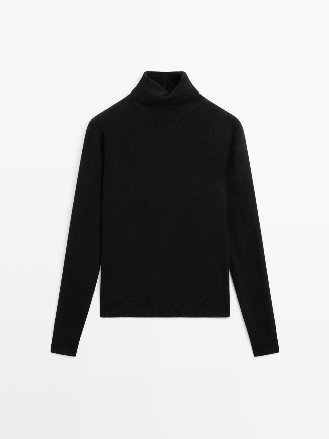 Massimo Dutti - Dame - Strikket Trøje I Uldblanding Med Høj Hals - Sort - S