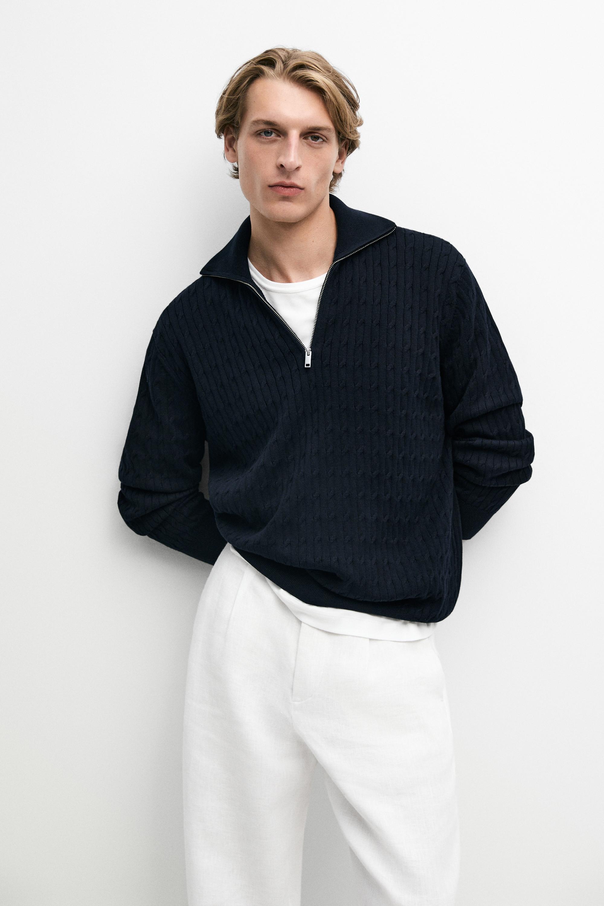 Mock neck knit zip sweater — NAVY BLUE
